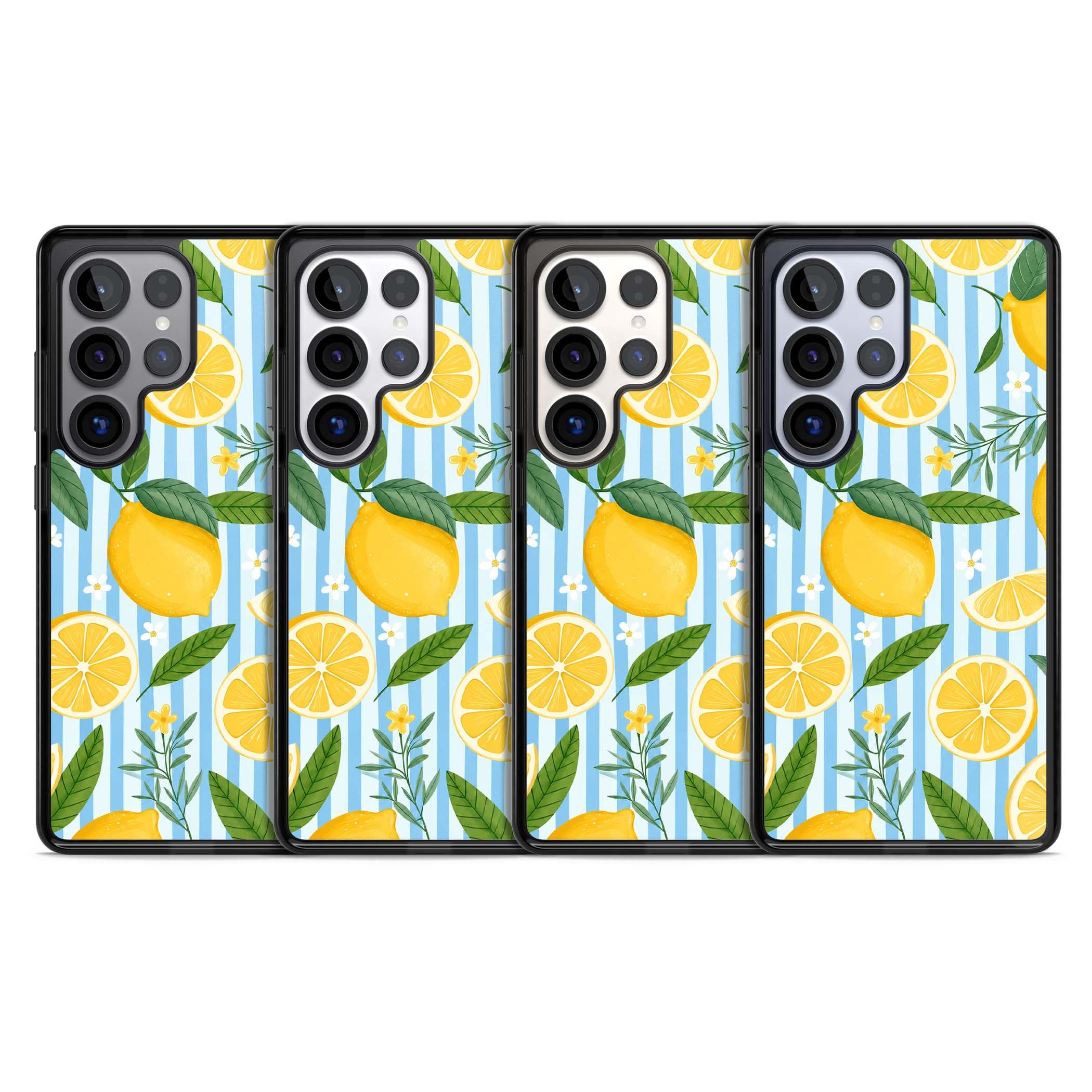 Capri Citrus Stripe coastal iPhone case featuring yellow lemons, blue stripes, and white daisy blossoms | Black Impact case for Samsung Galaxy S25 Ultra