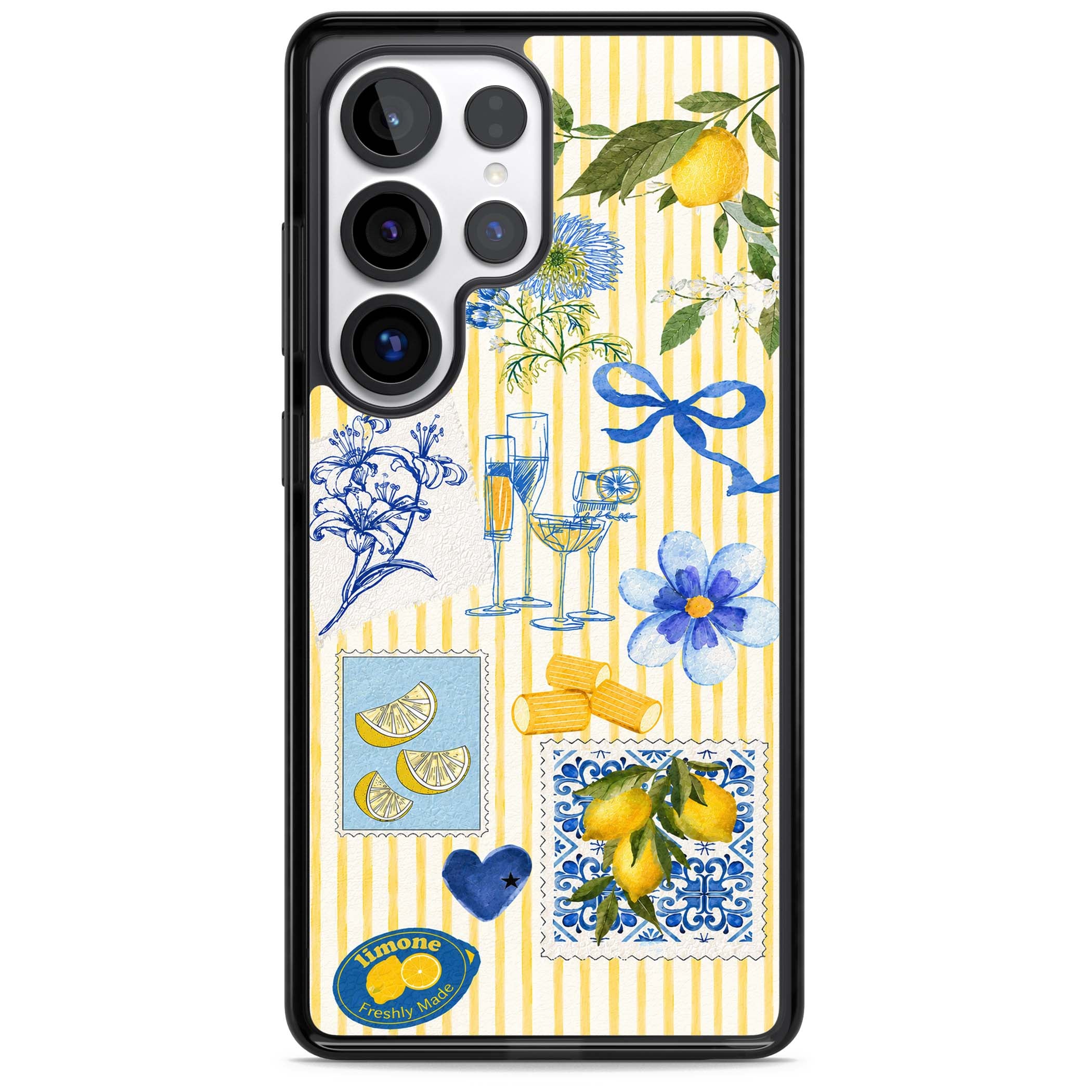 Limone Riviera Italian summer iPhone case featuring watercolour lemons, blue ribbon bows and majolica tile stamps on... | Black Impact case for Samsung Galaxy S25 Ultra