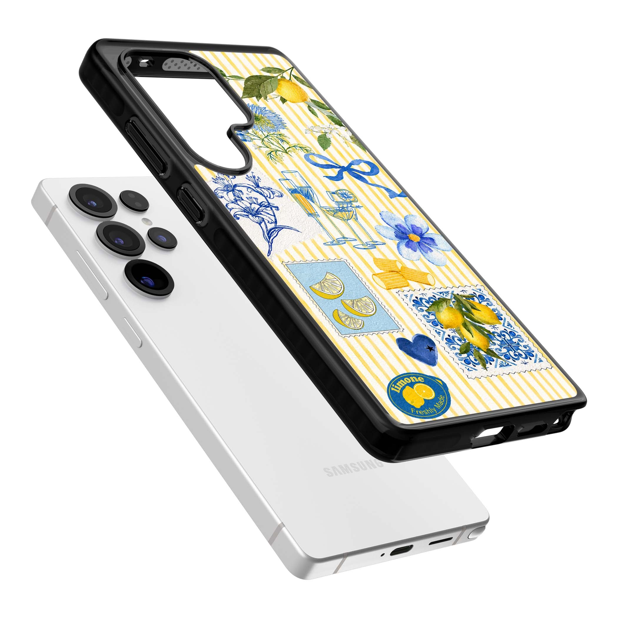 Limone Riviera Italian summer iPhone case featuring watercolour lemons, blue ribbon bows and majolica tile stamps on... | Black Impact case for Samsung Galaxy S25 Ultra