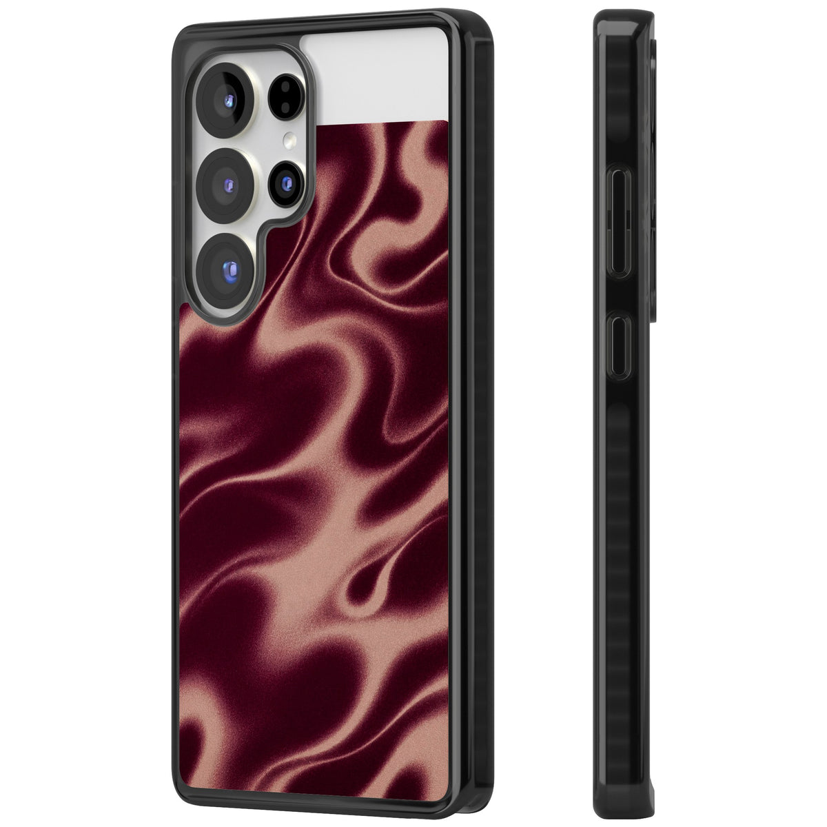 Merlot Sand abstract iPhone case featuring burgundy liquid satin waves, rose-gold highlights and silky folds Samsung S25 Ultra / Samsung S26 Ultra Impact Black Phone Case side