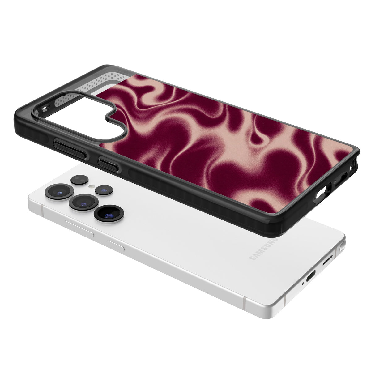 Merlot Sand abstract iPhone case featuring burgundy liquid satin waves, rose-gold highlights and silky folds Samsung S25 Ultra / Samsung S26 Ultra Impact Black Phone Case angled