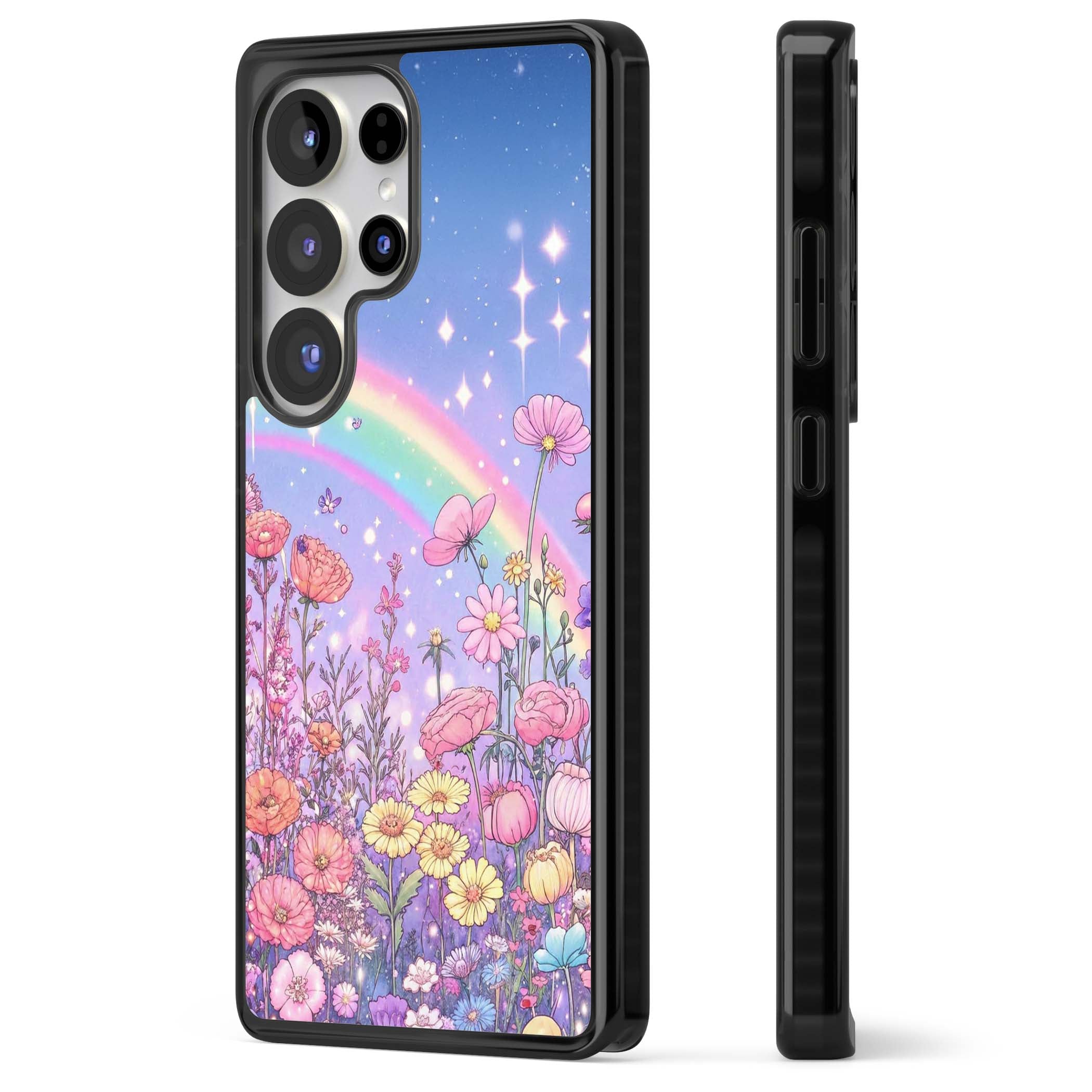 Magical Meadow fairycore iPhone case featuring a pastel rainbow, sparkling stars and a wildflower meadow | Black Impact case for Samsung Galaxy S25 Ultra