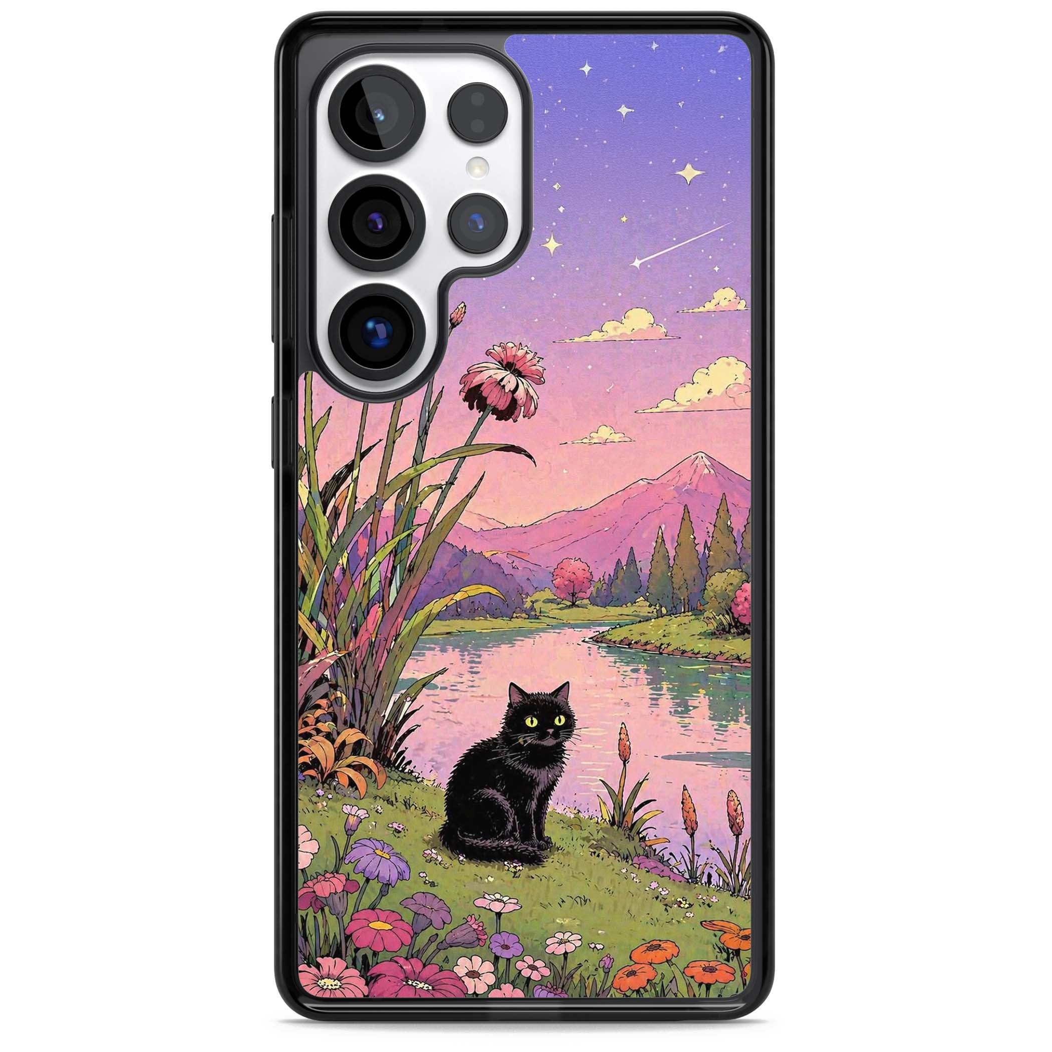 Mystic Whiskers ghibli iPhone case featuring a black cat by a pastel lake, wildflowers and a starry sunset sky | Black Impact case for Samsung Galaxy S25 Ultra