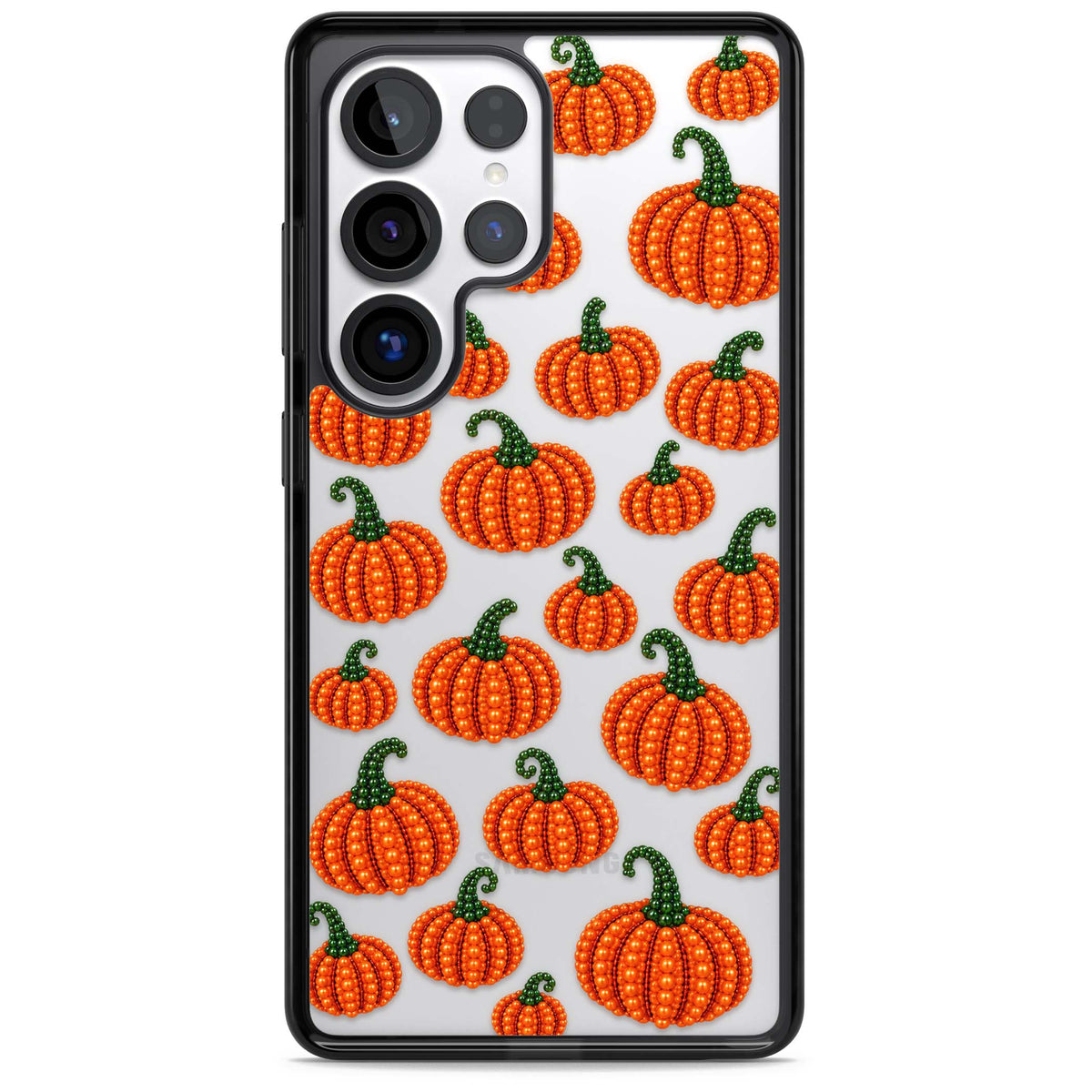 Beaded Pumpkins halloween iPhone case featuring beaded orange pumpkins with green stems on a clear background | Black Impact case for Samsung Galaxy S25 Ultra