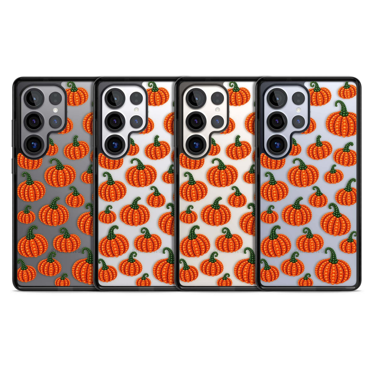 Beaded Pumpkins halloween iPhone case featuring beaded orange pumpkins with green stems on a clear background | Black Impact case for Samsung Galaxy S25 Ultra