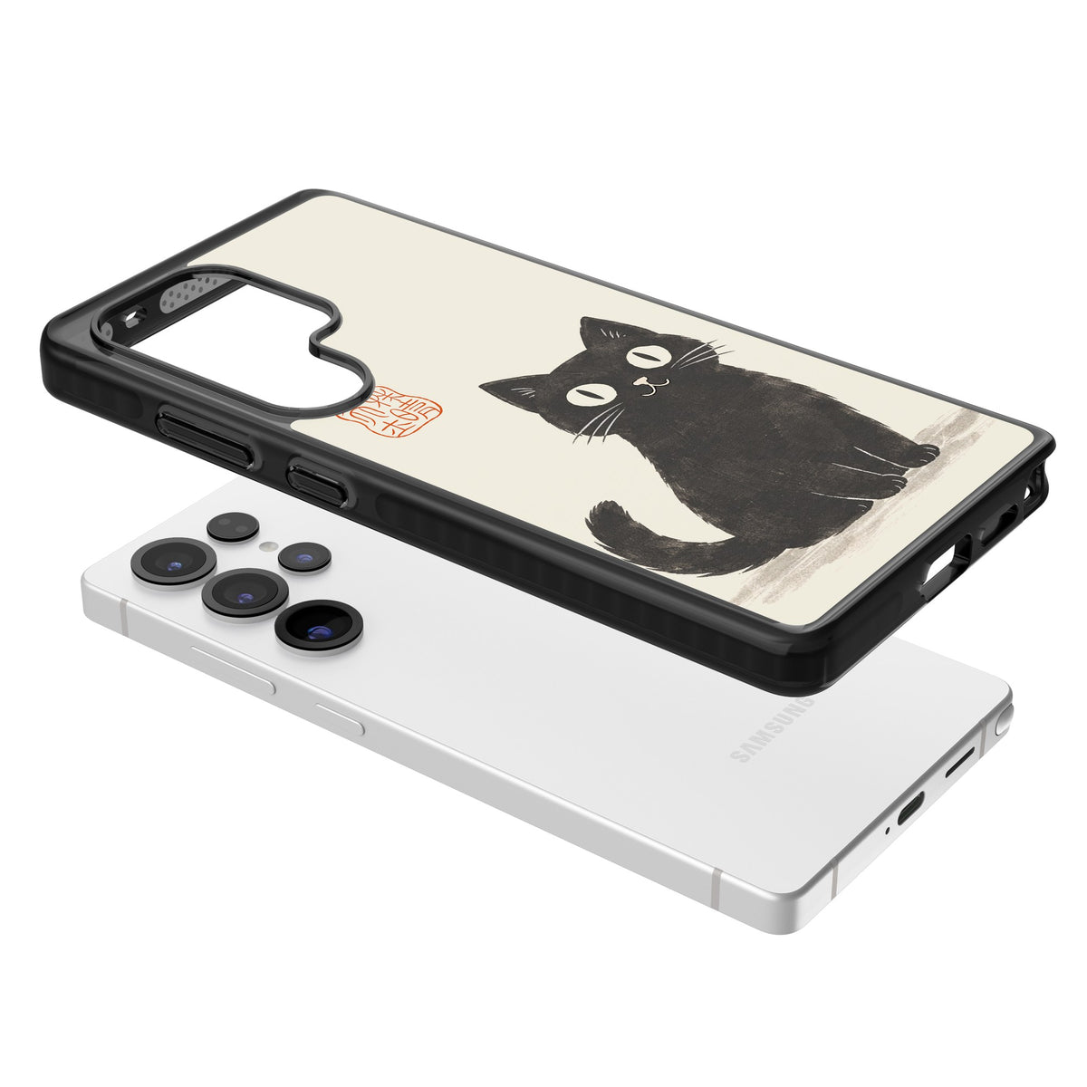 Black Ink Brushstroke Cat Samsung S25 Ultra / Samsung S26 Ultra Impact Black Phone Case angled