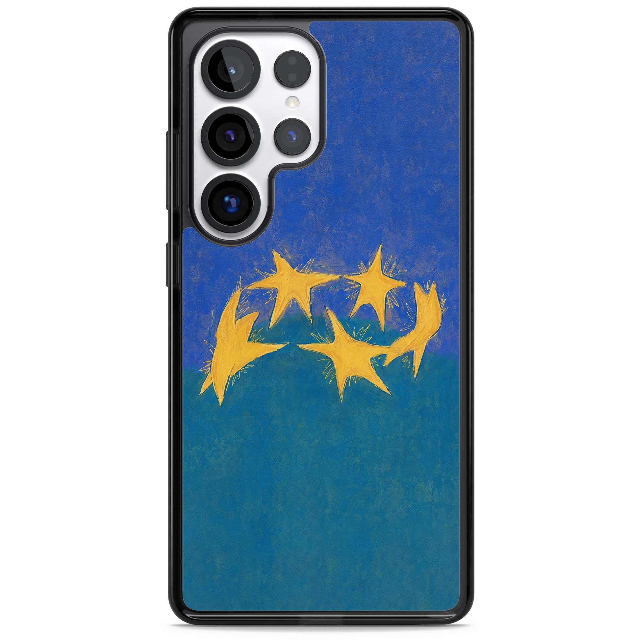 Star Boogie stars aesthetic iPhone case featuring five yellow hand-painted stars on cobalt blue and teal | Black Impact case for Samsung Galaxy S25 Ultra