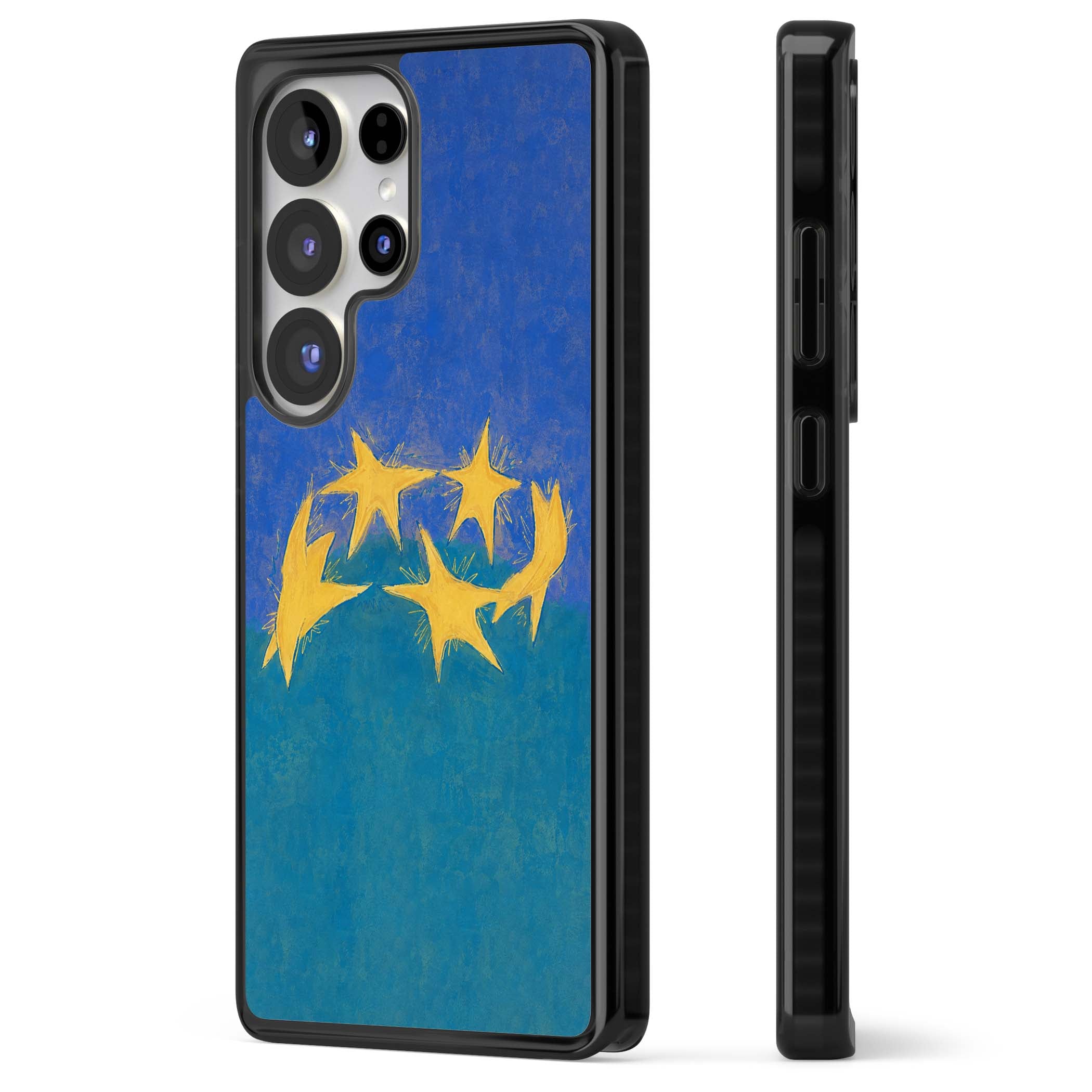 Star Boogie stars aesthetic iPhone case featuring five yellow hand-painted stars on cobalt blue and teal | Black Impact case for Samsung Galaxy S25 Ultra