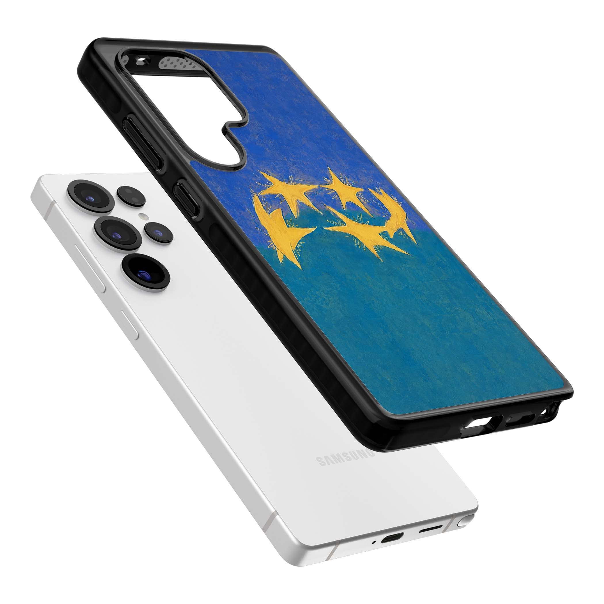 Star Boogie stars aesthetic iPhone case featuring five yellow hand-painted stars on cobalt blue and teal | Black Impact case for Samsung Galaxy S25 Ultra