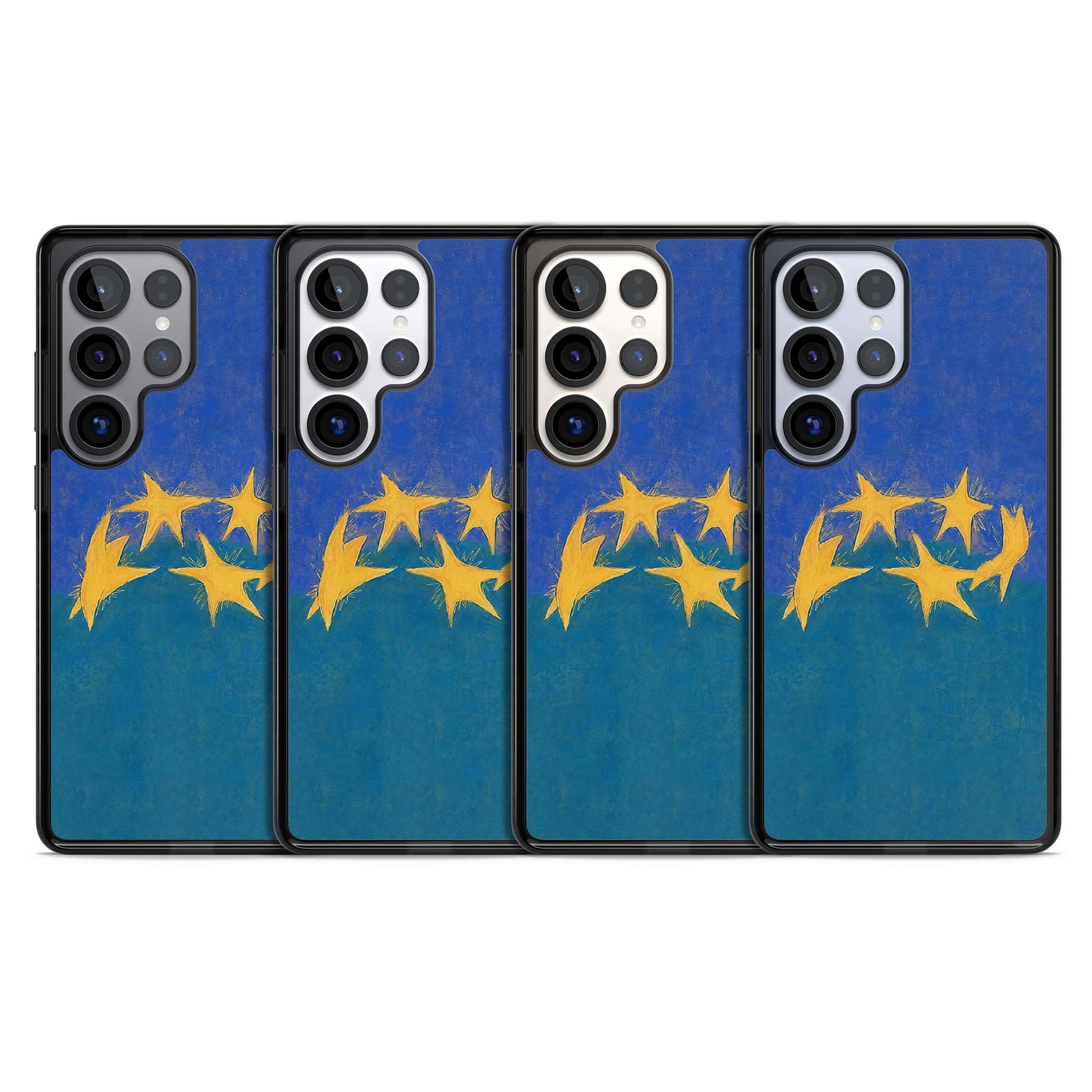 Star Boogie stars aesthetic iPhone case featuring five yellow hand-painted stars on cobalt blue and teal | Black Impact case for Samsung Galaxy S25 Ultra