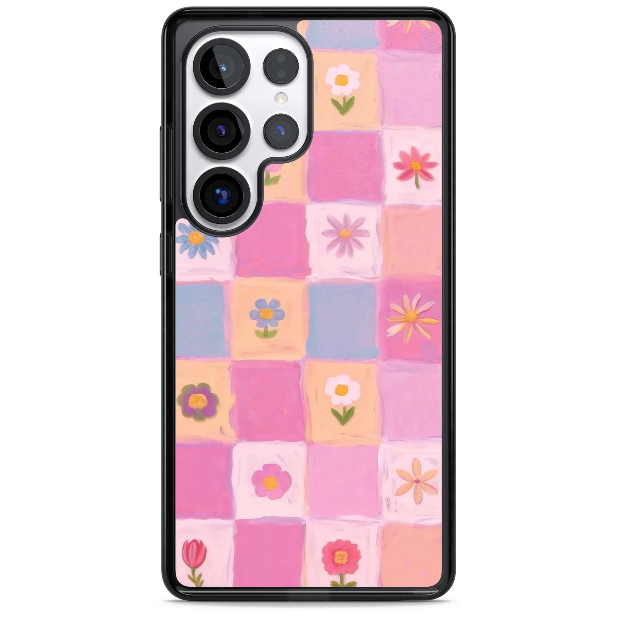 Pastel Flower Patchwork cottagecore iPhone case featuring painted pink and lilac squares with daisies and wildflowers | Black Impact case for Samsung Galaxy S25 Ultra