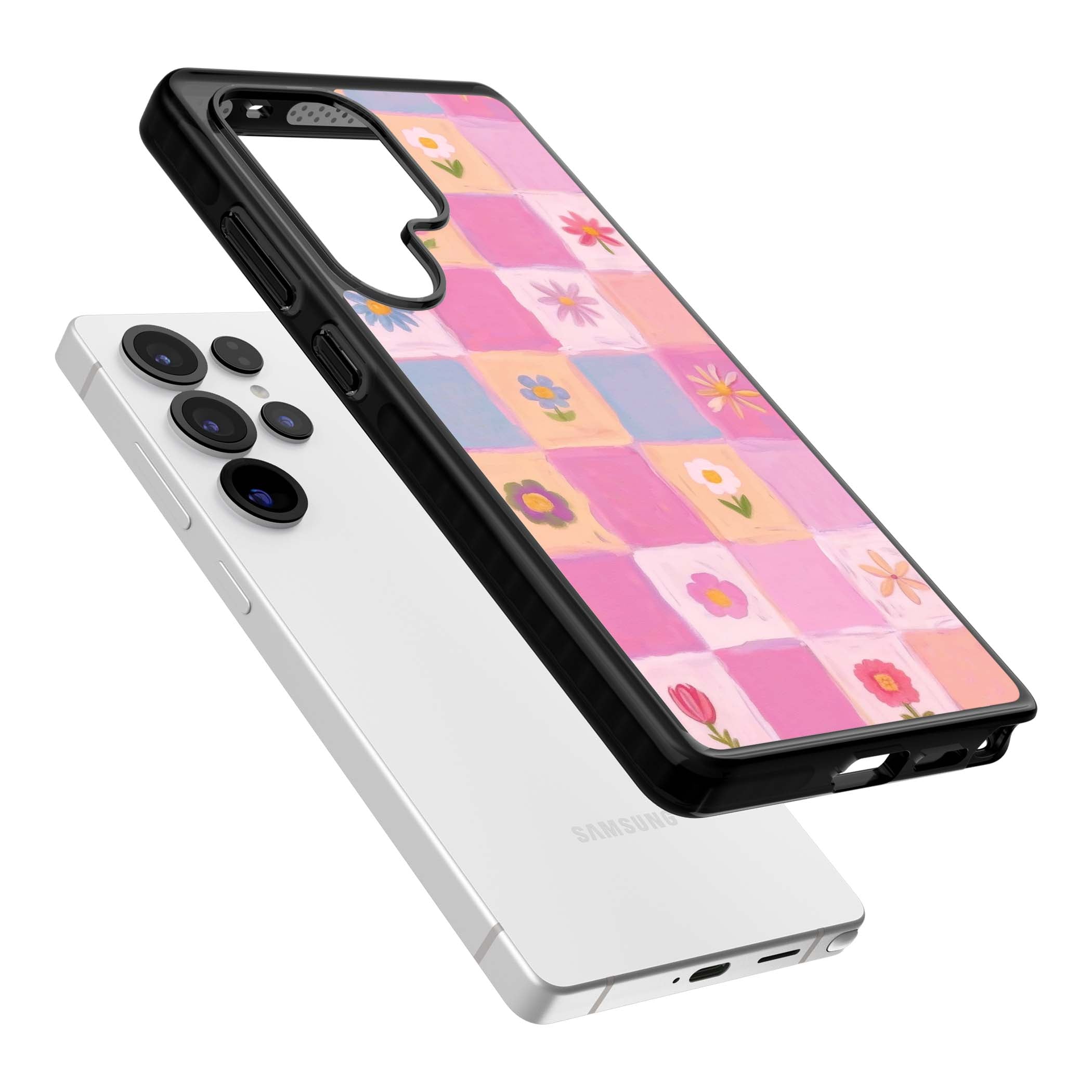 Pastel Flower Patchwork cottagecore iPhone case featuring painted pink and lilac squares with daisies and wildflowers | Black Impact case for Samsung Galaxy S25 Ultra