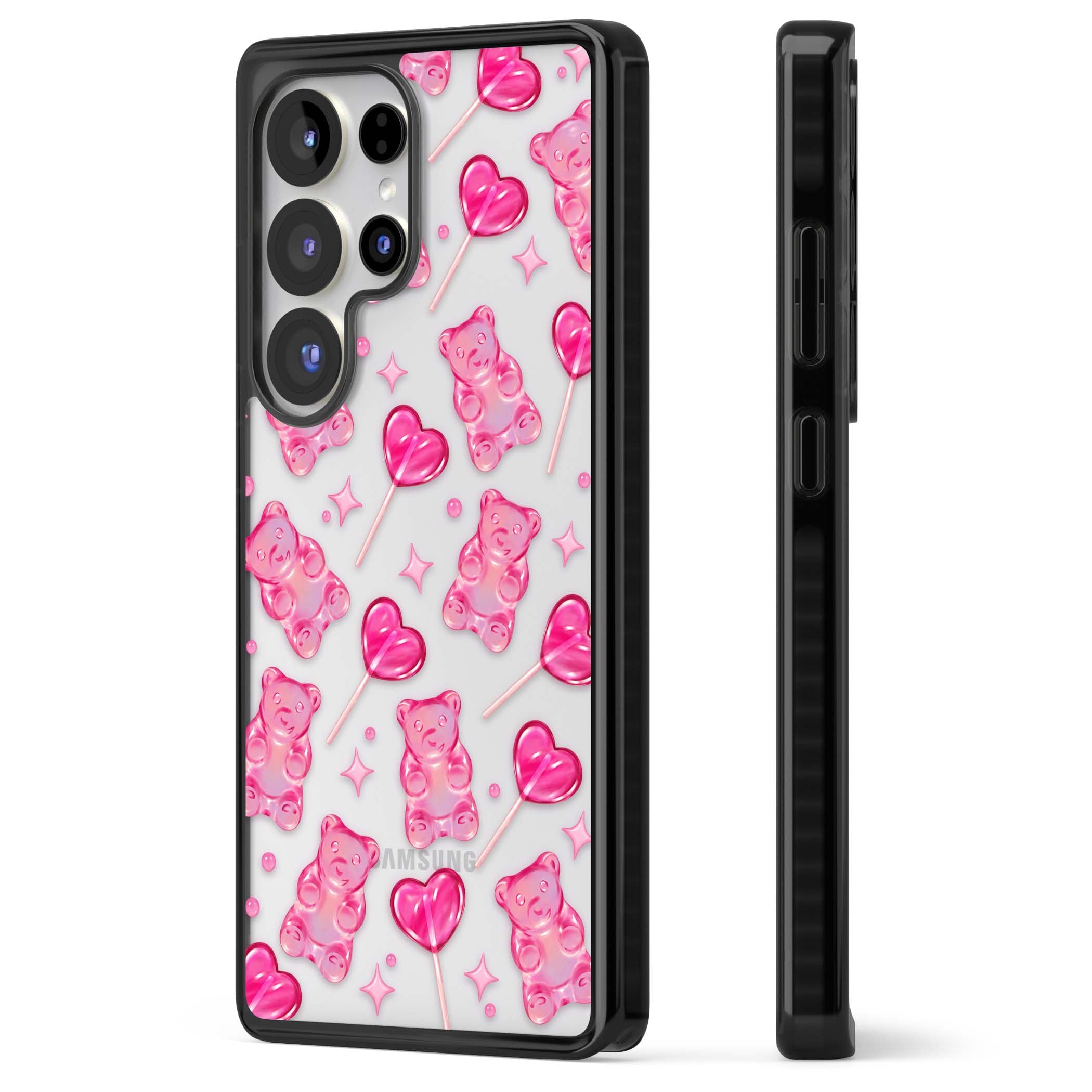 Pink Sugar pinkcore iPhone case featuring pink gummy bears, heart-shaped lollipops and sparkle stars | Black Impact case for Samsung Galaxy S25 Ultra