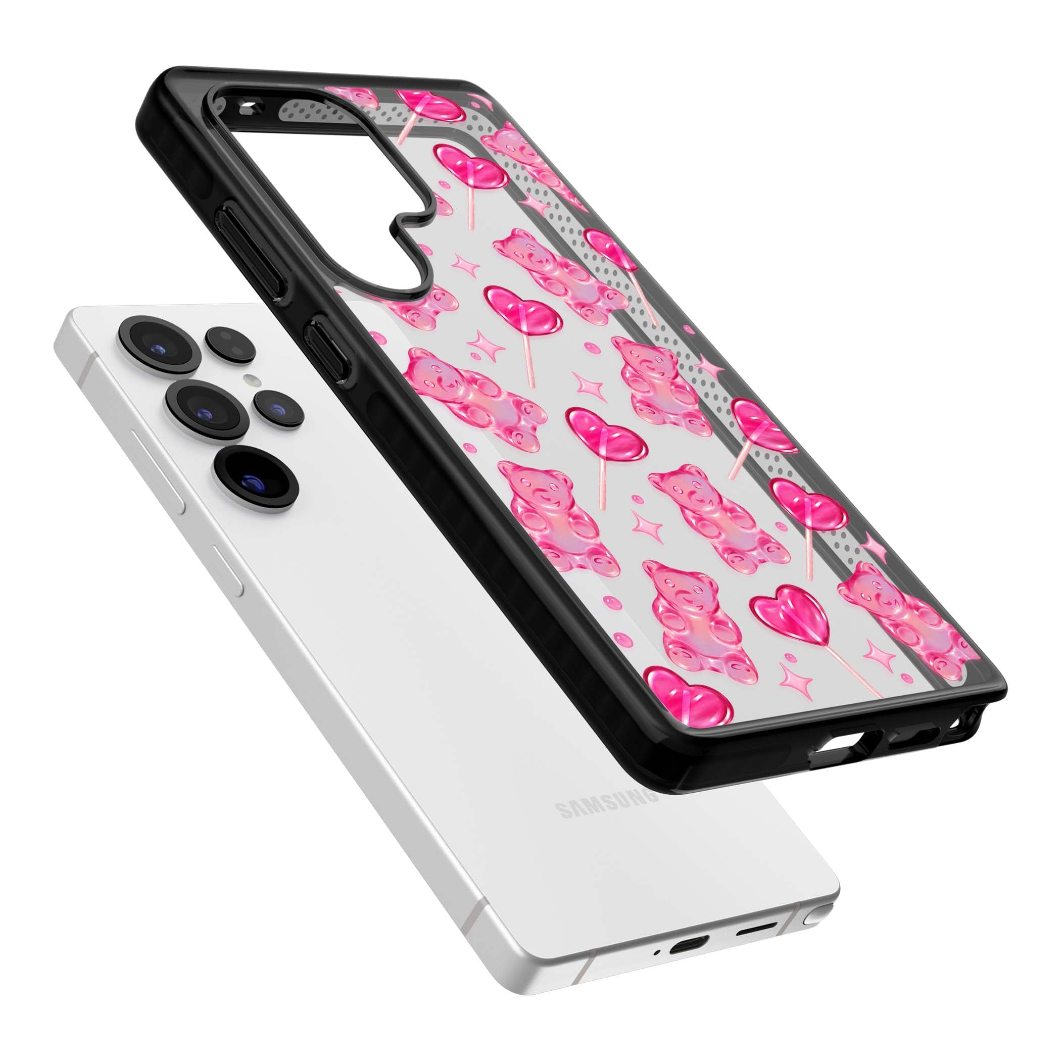 Pink Sugar pinkcore iPhone case featuring pink gummy bears, heart-shaped lollipops and sparkle stars | Black Impact case for Samsung Galaxy S25 Ultra
