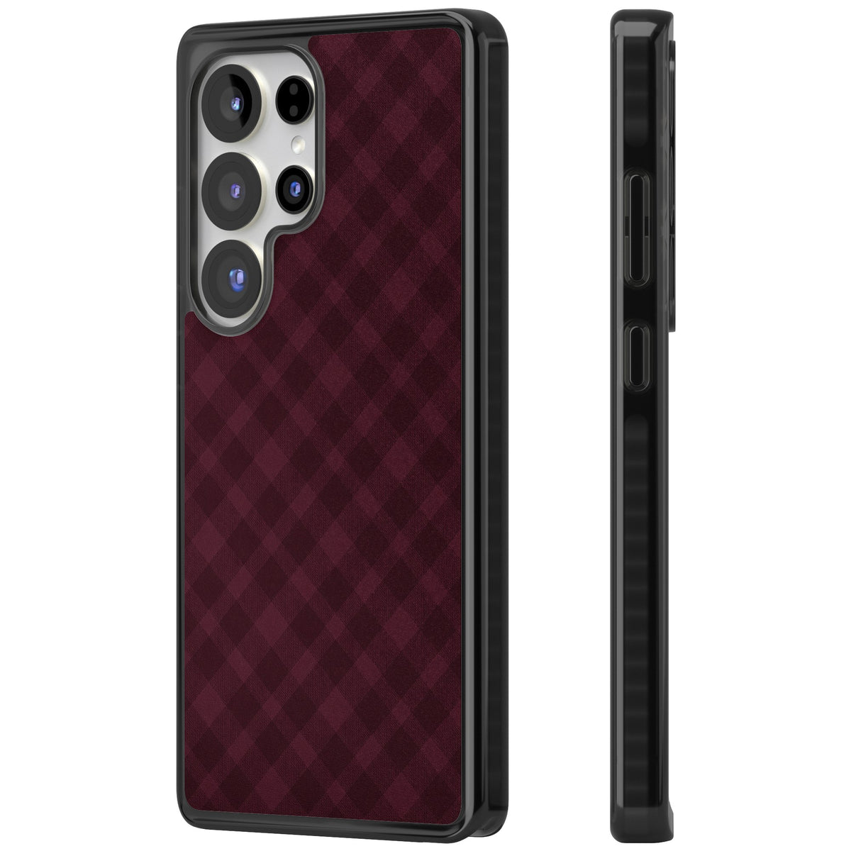 Mulled Wine preppy iPhone case featuring burgundy gingham checks, diagonal plaid lines and a soft woven texture Samsung S25 Ultra / Samsung S26 Ultra Impact Black Phone Case side