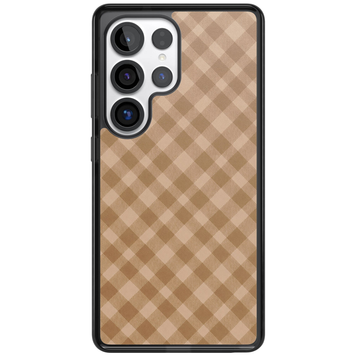 Beige Gingham cottagecore iPhone case featuring diagonal brown gingham checks in soft beige and toffee tones Samsung S25 Ultra / Samsung S26 Ultra Impact Black Phone Case front