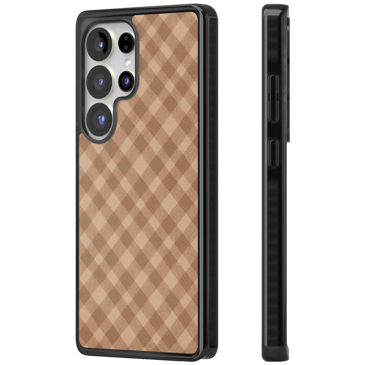 Beige Gingham cottagecore iPhone case featuring diagonal brown gingham checks in soft beige and toffee tones Samsung S25 Ultra / Samsung S26 Ultra Impact Black Phone Case side