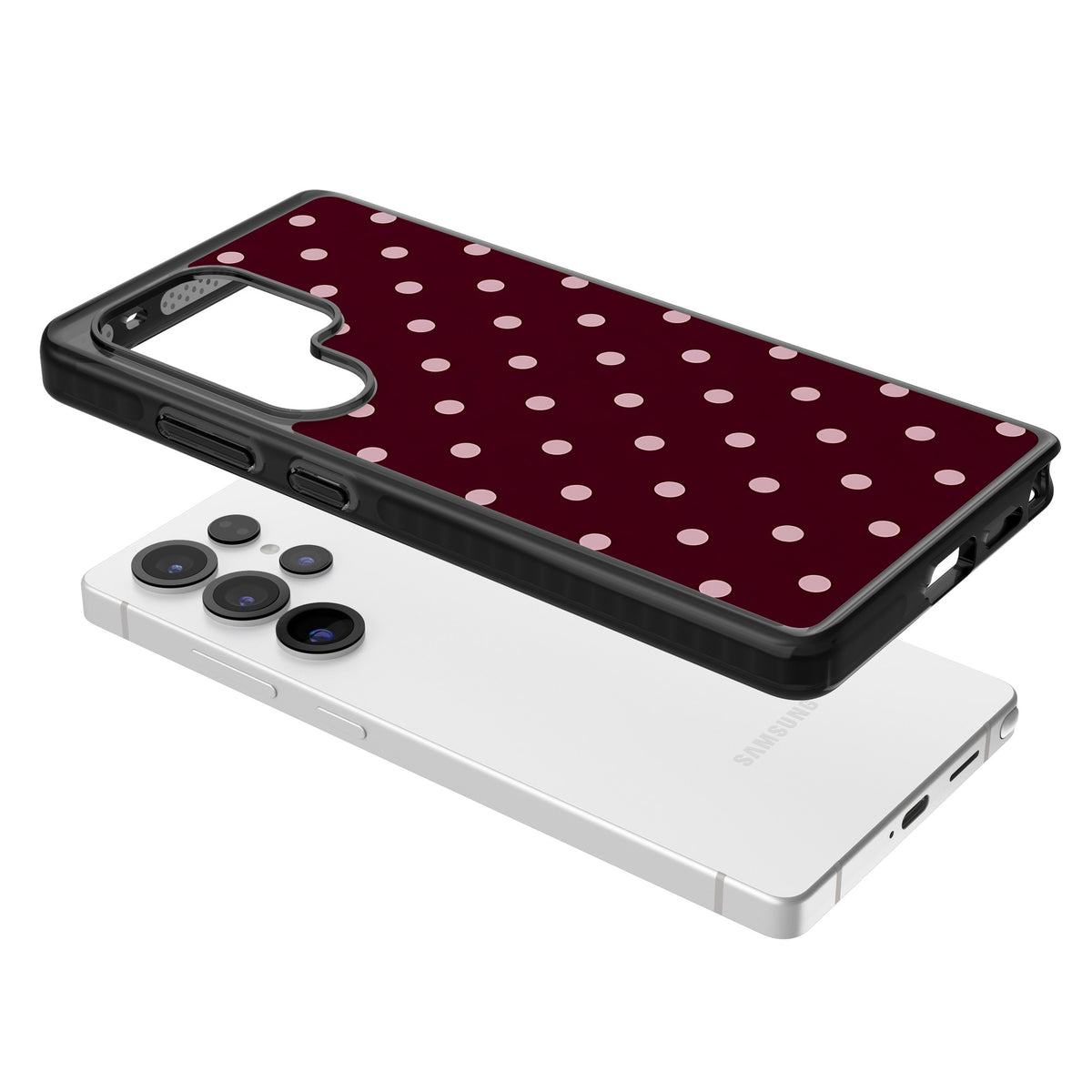 Merlot Dots polka dot iPhone case featuring dusty pink spots on a deep burgundy background in a retro grid Samsung S25 Ultra / Samsung S26 Ultra Impact Black Phone Case angled