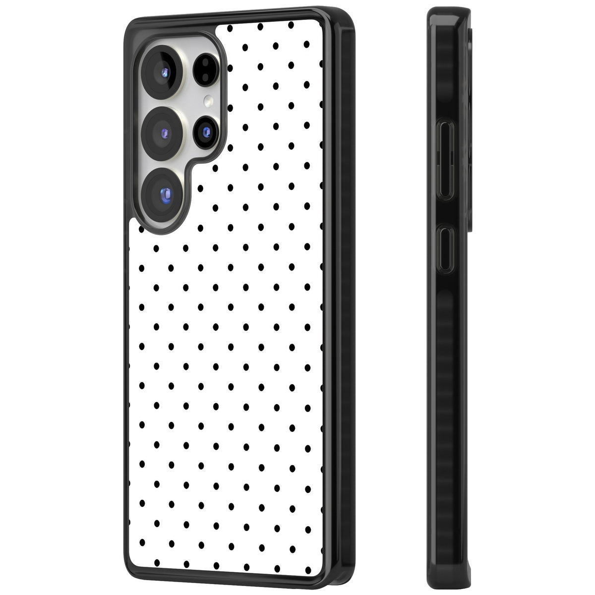 Dalmatian Dots minimal iPhone case featuring small black polka dots on a crisp white background with bold black edges Samsung S25 Ultra / Samsung S26 Ultra Impact Black Phone Case side