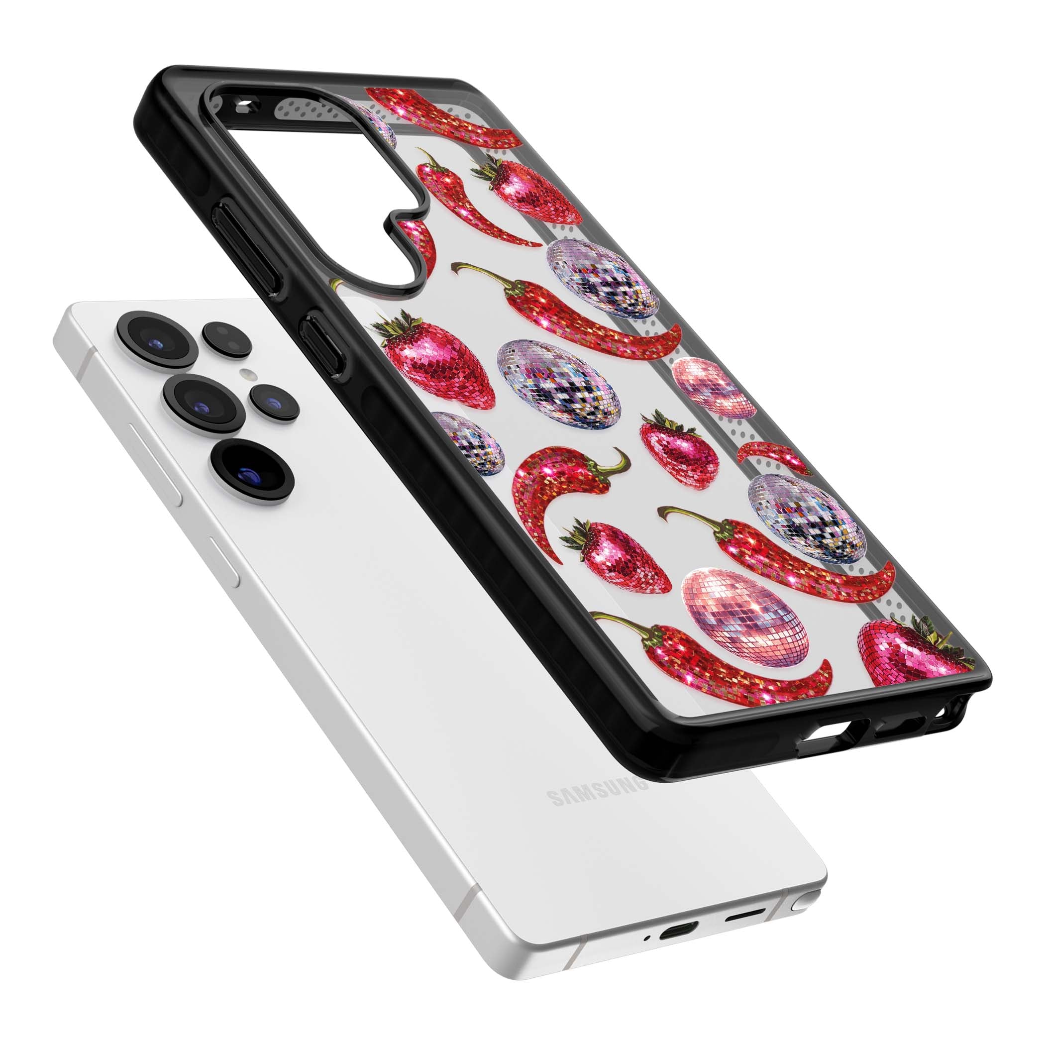 Spicy Disco Y2K iPhone case featuring glitter disco balls, sparkly strawberries and red chilli peppers | Black Impact case for Samsung Galaxy S25 Ultra