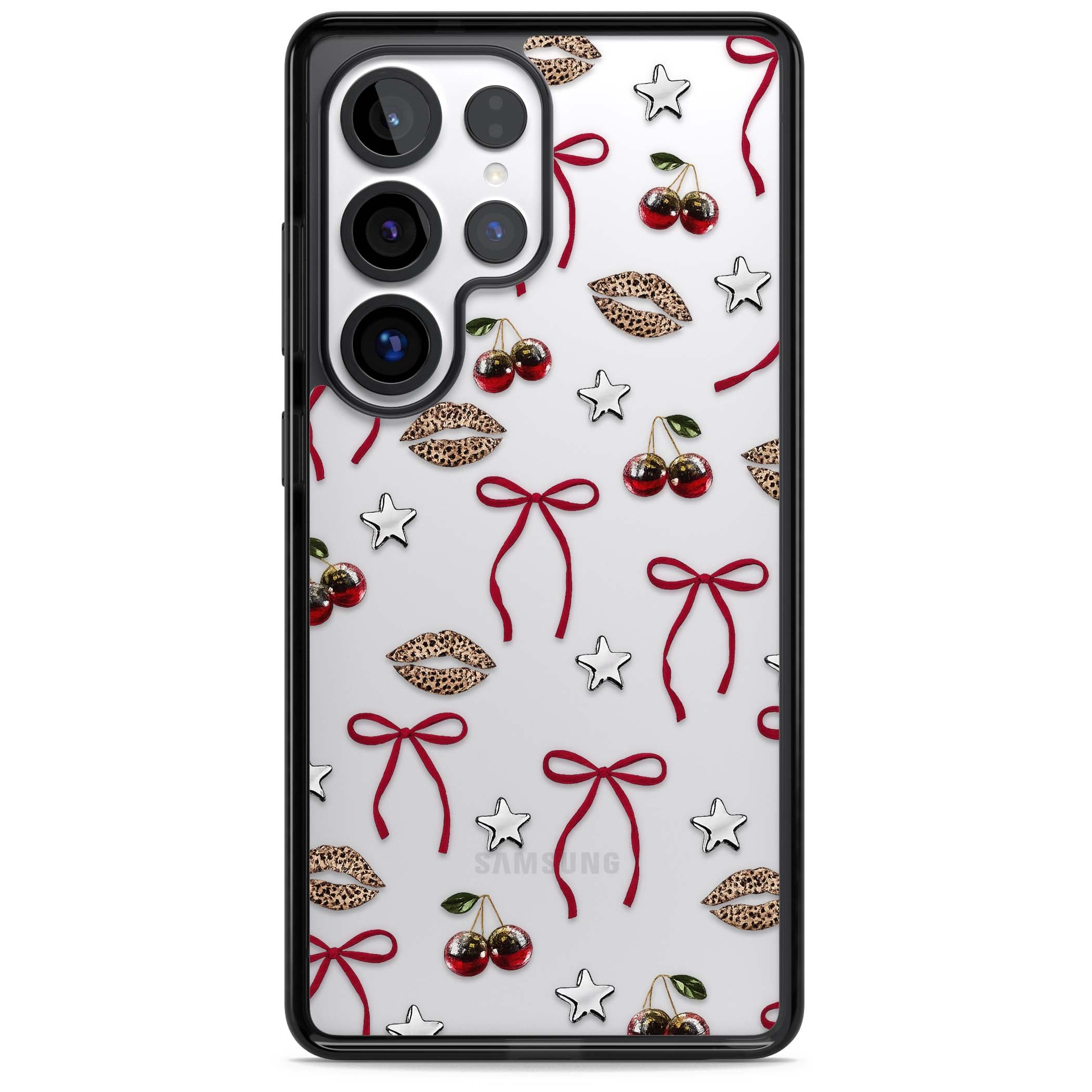Starlet coquette iPhone case featuring red ribbon bows, disco cherries and leopard-print lips | Black Impact case for Samsung Galaxy S25 Ultra