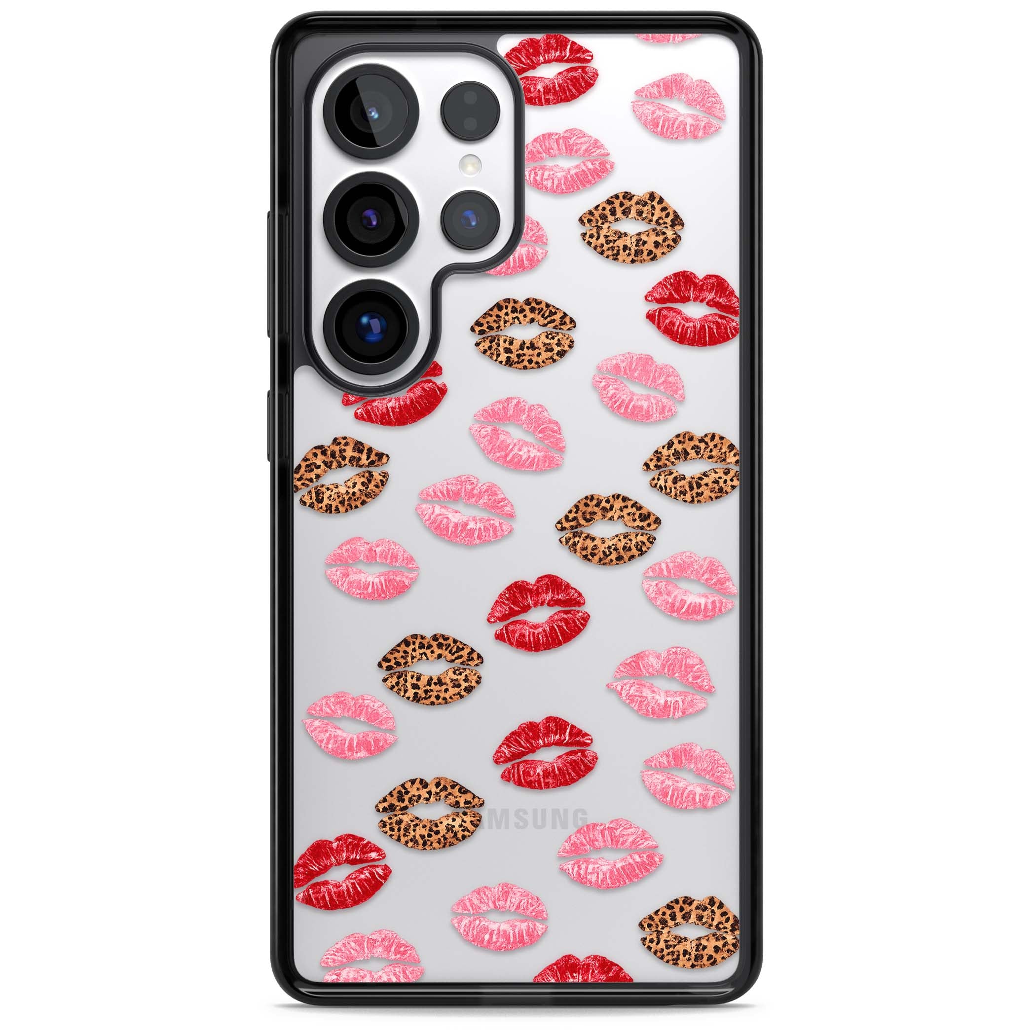 Wild Kisses coquette iPhone case featuring red, pink and leopard print lipstick kiss marks on a clear background | Black Impact case for Samsung Galaxy S25 Ultra