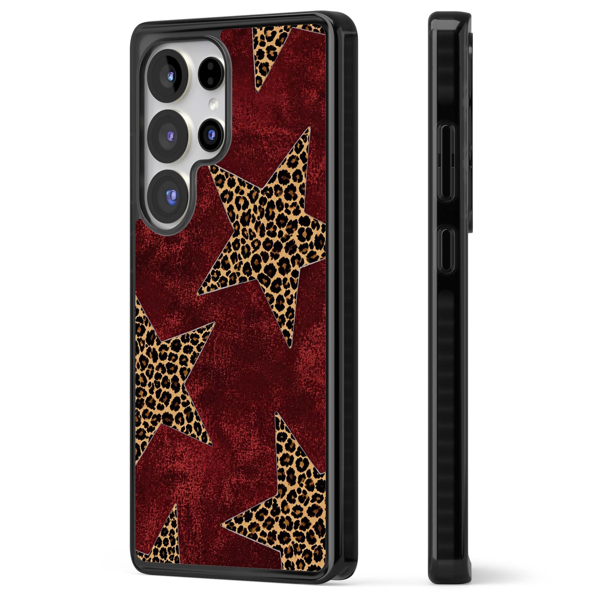 Showgirl leopard print iPhone case featuring cheetah print stars on distressed red grunge background | Black Impact case for Samsung Galaxy S25 Ultra