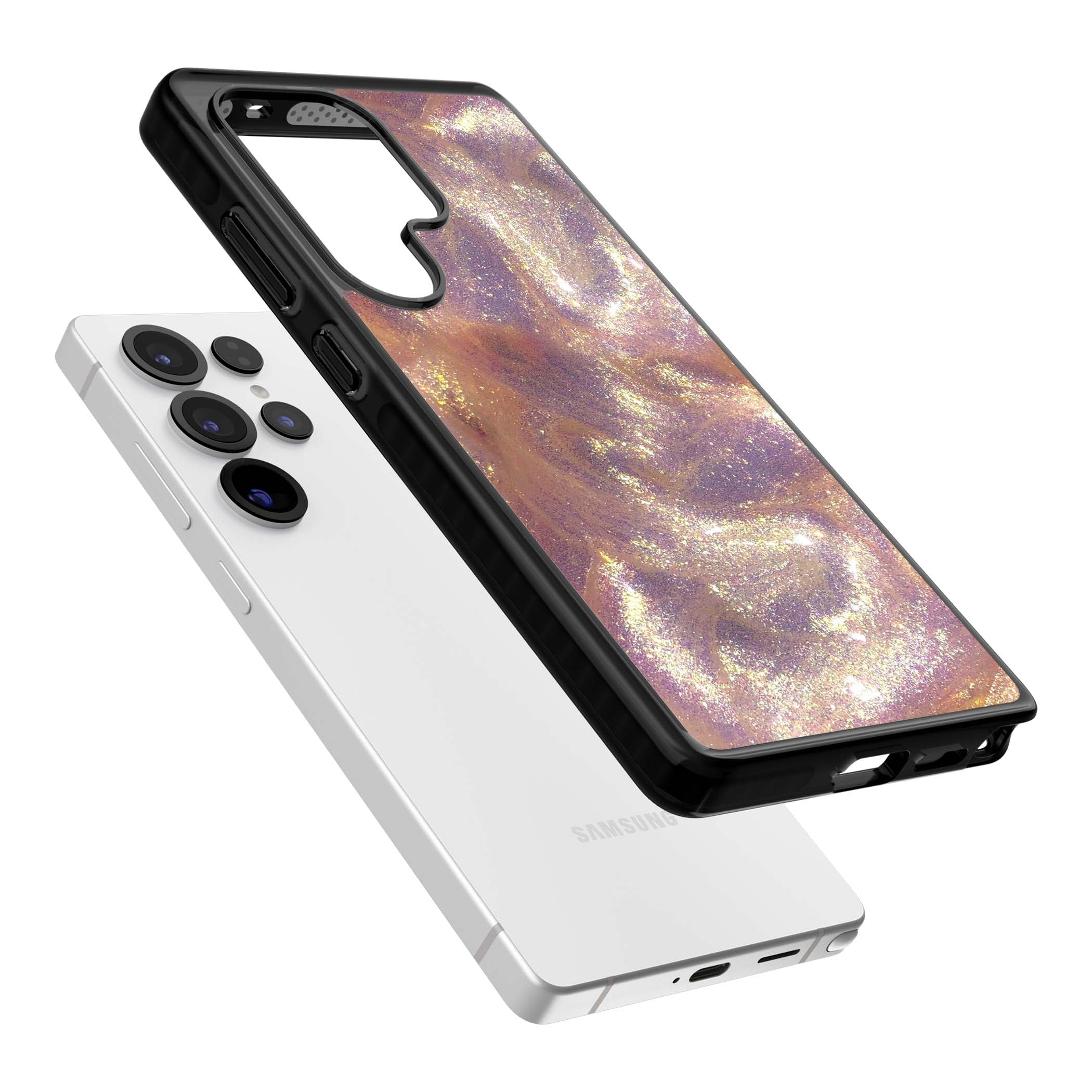 Shimmer marble iPhone case featuring rose gold glitter swirls, lilac shimmer and iridescent pearl finish | Black Impact case for Samsung Galaxy S25 Ultra