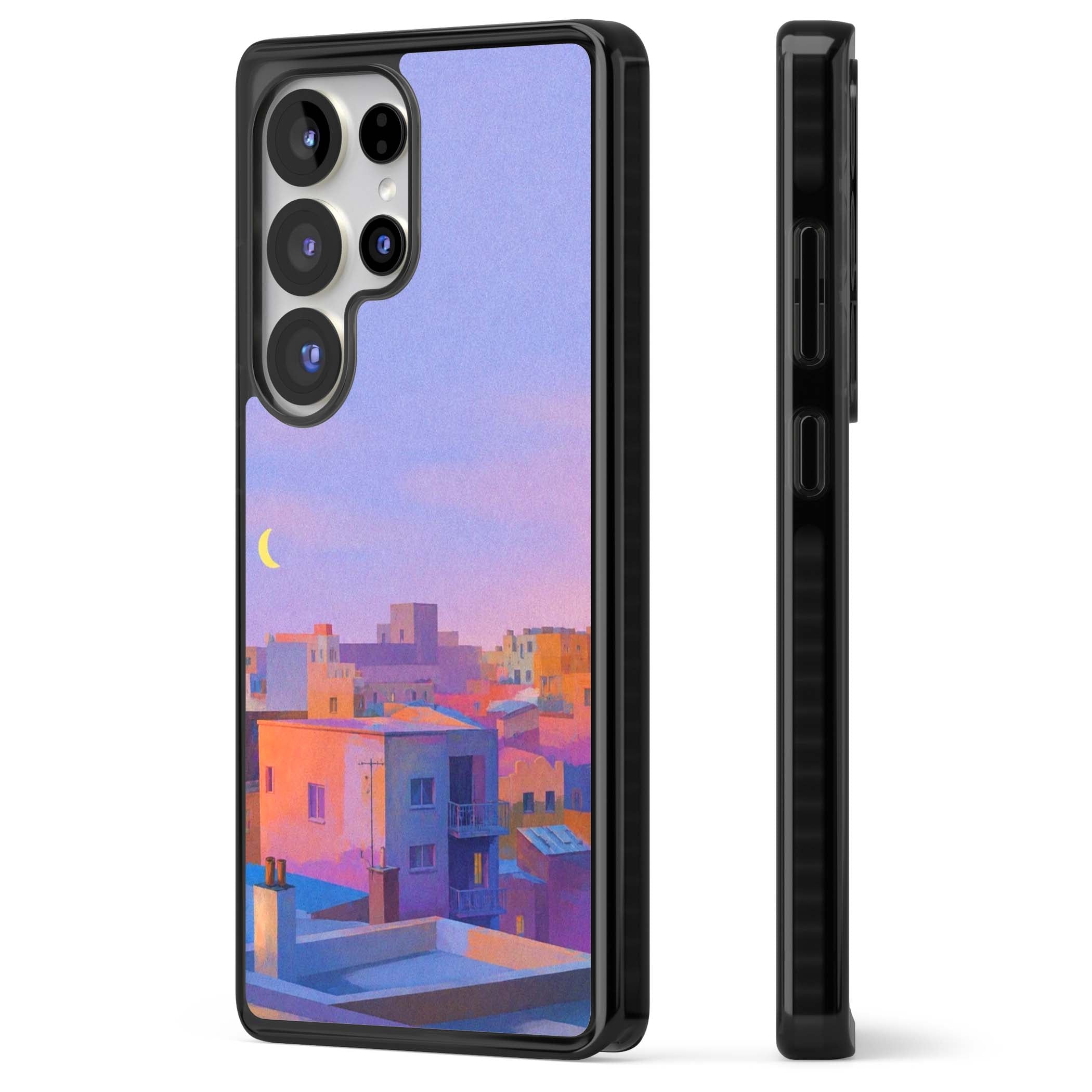 Twilight Rooftops vaporwave iPhone case featuring a pastel sunset cityscape, painted rooftops and a crescent moon. | Black Impact case for Samsung Galaxy S25 Ultra