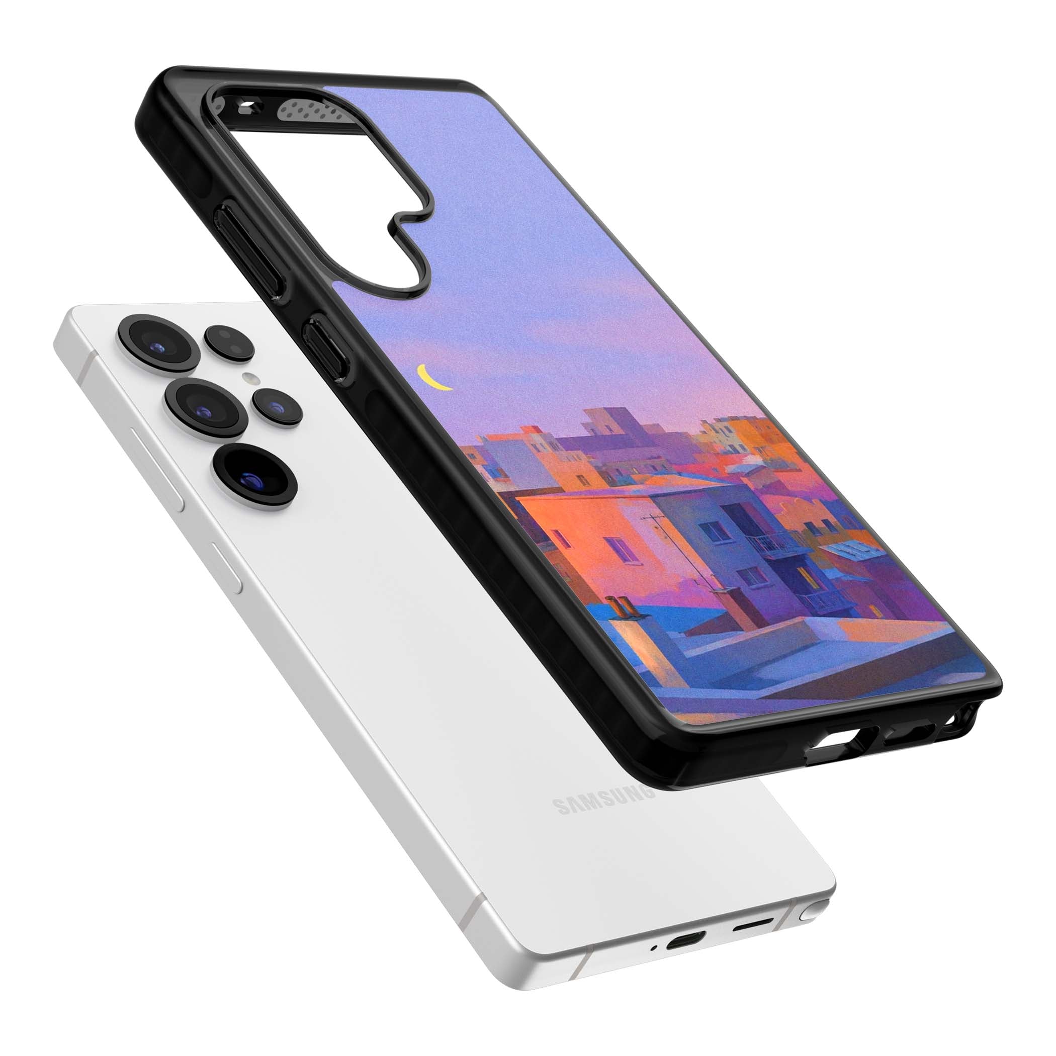 Twilight Rooftops vaporwave iPhone case featuring a pastel sunset cityscape, painted rooftops and a crescent moon. | Black Impact case for Samsung Galaxy S25 Ultra