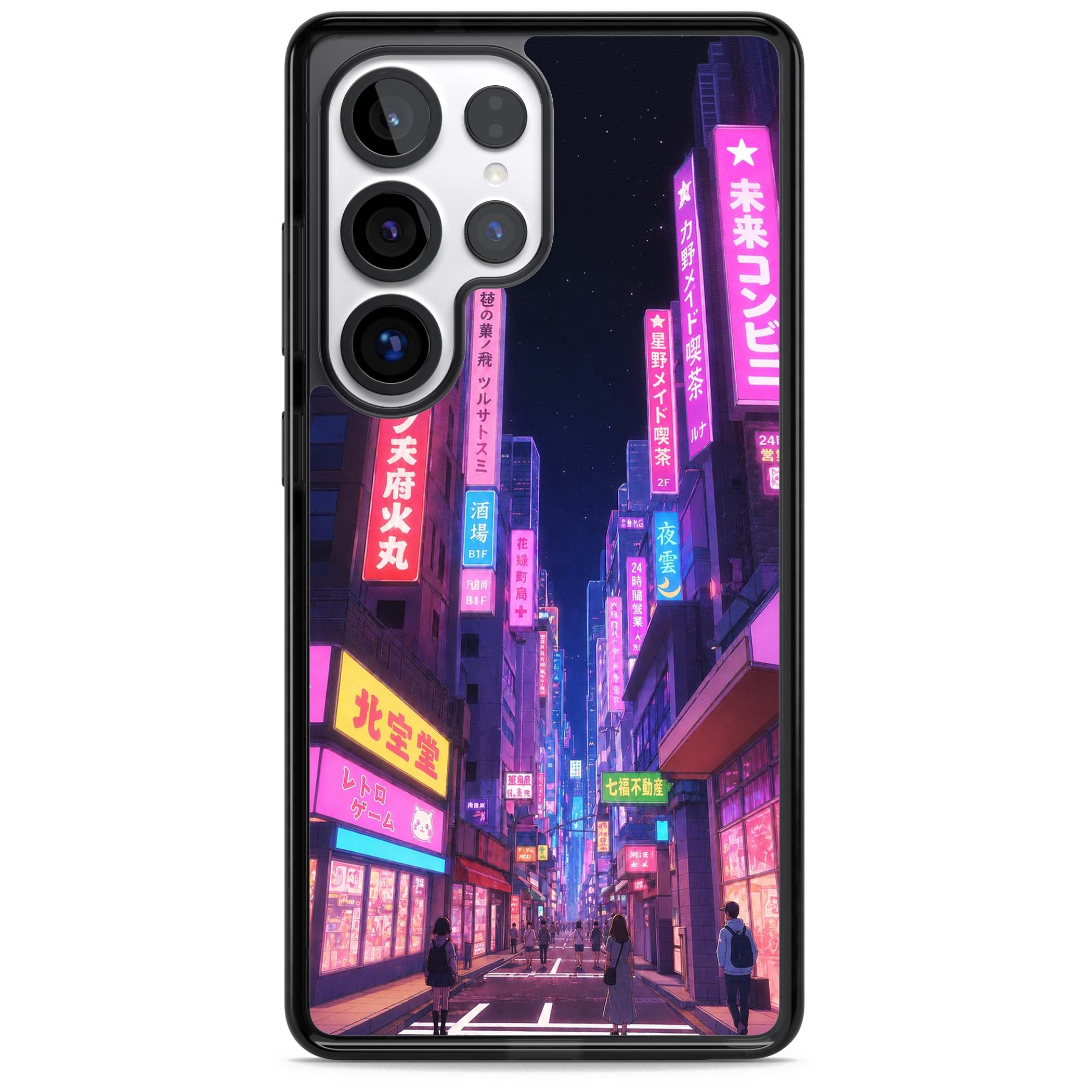 Shibuya At Night Japanese neon city iPhone case featuring glowing kanji signs, pink storefronts and a Tokyo street at n | Black Impact case for Samsung Galaxy S25 Ultra
