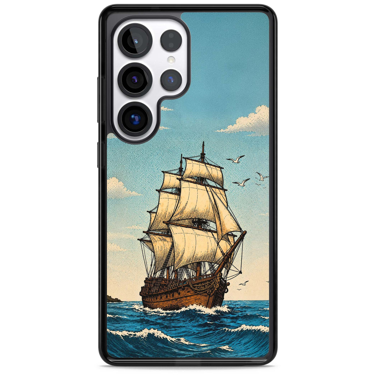 Ship at Sea nautical iPhone case featuring a vintage tall ship, ocean waves and seagulls | Black Impact case for Samsung Galaxy S25 Ultra