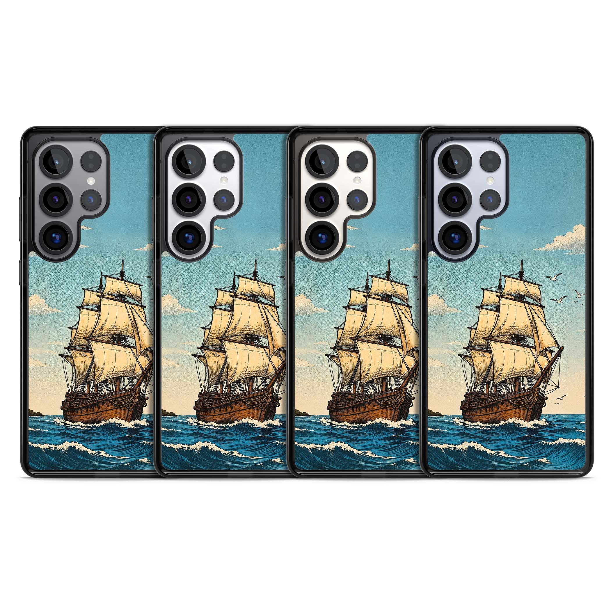 Ship at Sea nautical iPhone case featuring a vintage tall ship, ocean waves and seagulls | Black Impact case for Samsung Galaxy S25 Ultra