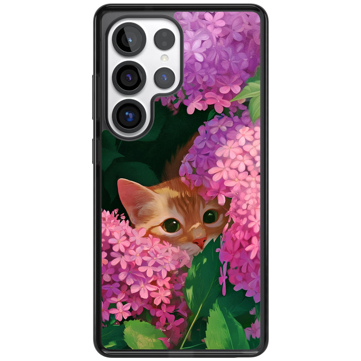 Cat In Pink Flowers Samsung S25 Ultra / Samsung S26 Ultra Impact Black Phone Case front