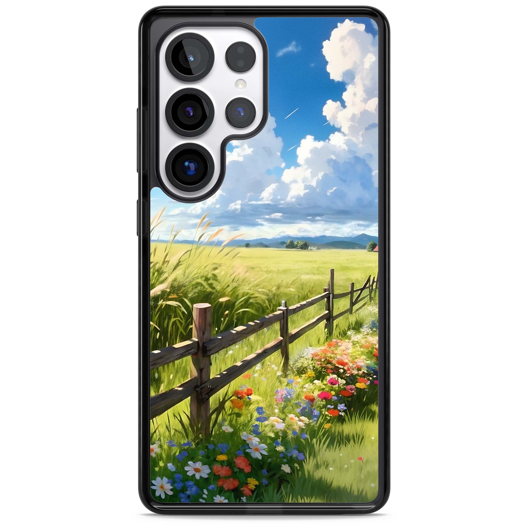 A Countryside Afternoon cottagecore iPhone case featuring a painted countryside meadow, wooden fence, and wildflowers beneath | Black Impact case for Samsung Galaxy S25 Ultra