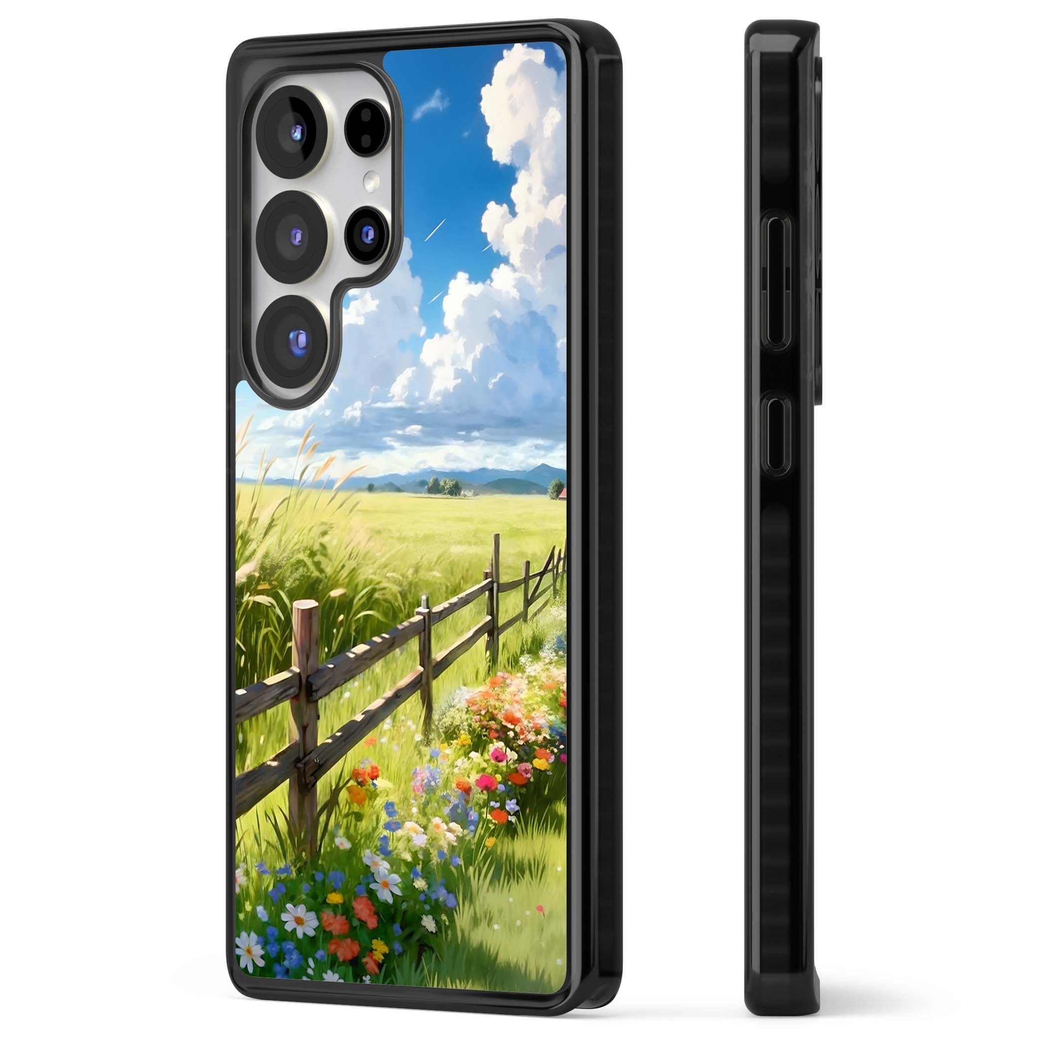 A Countryside Afternoon cottagecore iPhone case featuring a painted countryside meadow, wooden fence, and wildflowers beneath | Black Impact case for Samsung Galaxy S25 Ultra