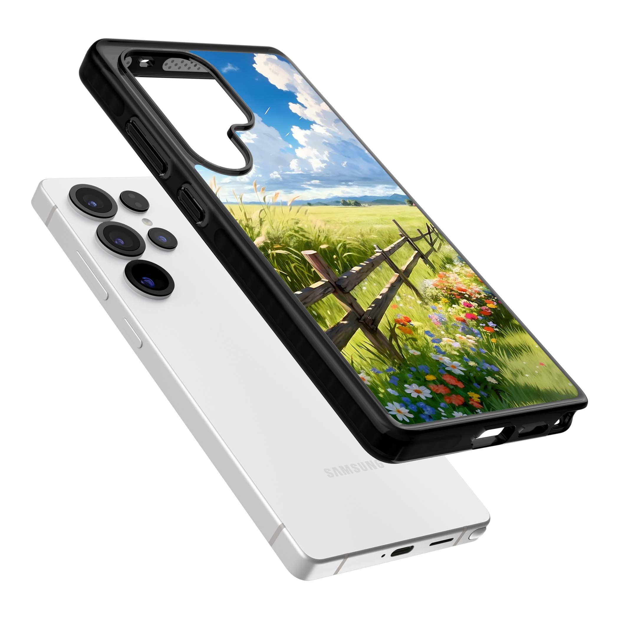 A Countryside Afternoon cottagecore iPhone case featuring a painted countryside meadow, wooden fence, and wildflowers beneath | Black Impact case for Samsung Galaxy S25 Ultra