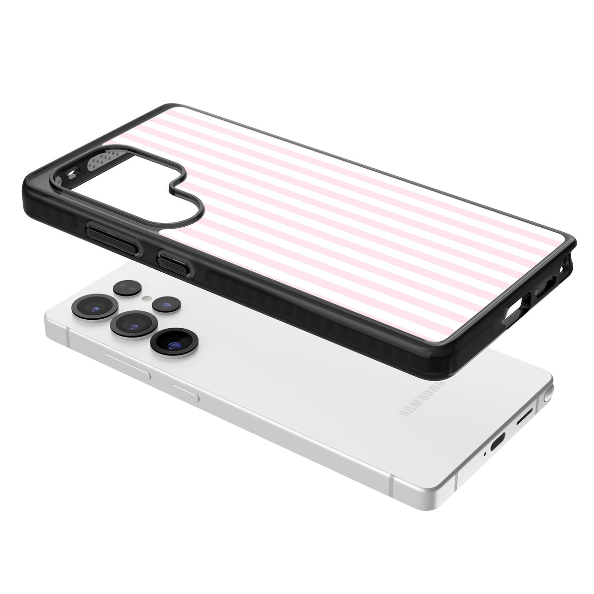Pink Stripe preppy iPhone case featuring soft pastel pink and white vertical candy stripes Samsung S25 Ultra / Samsung S26 Ultra Impact Black Phone Case angled