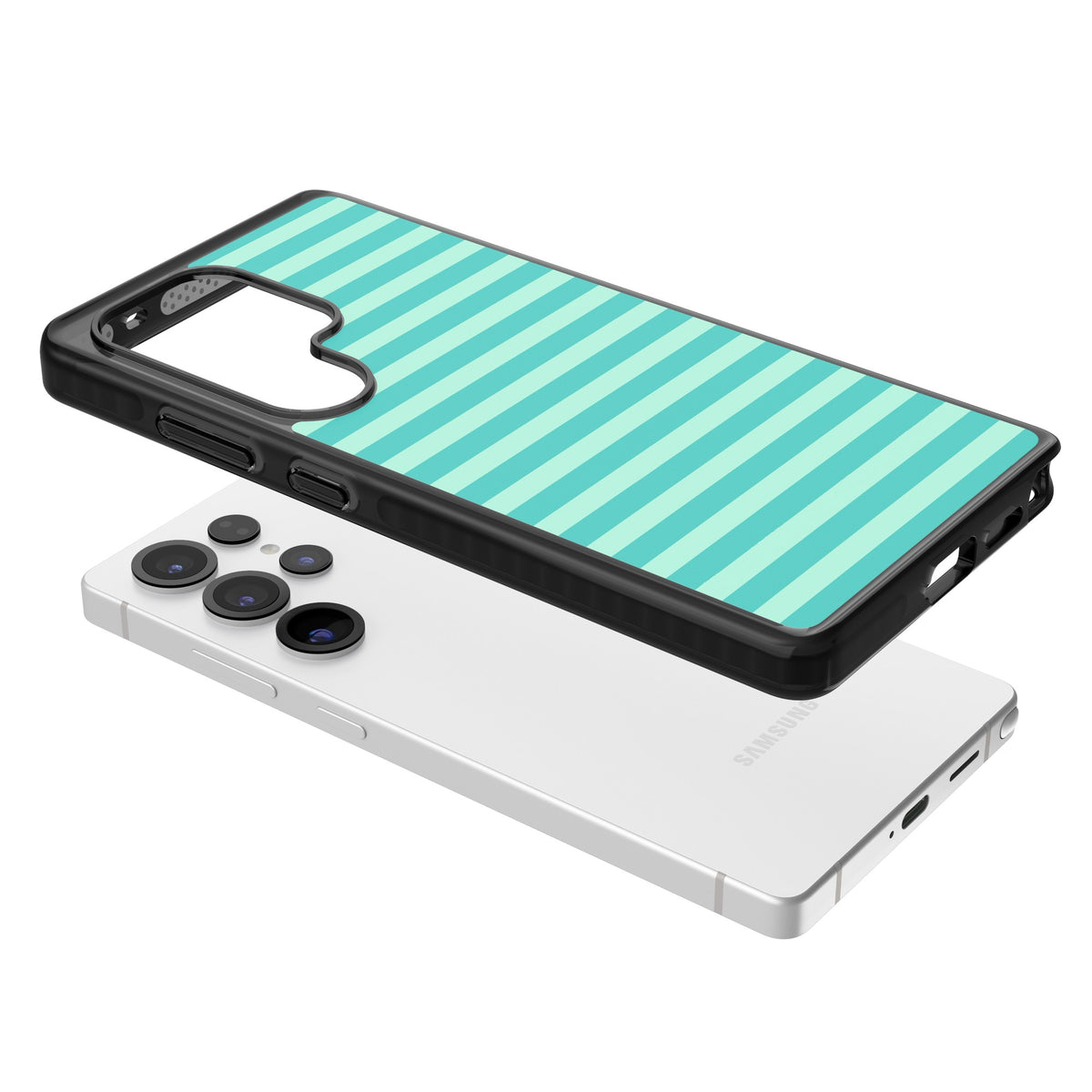 Turquoise Stripe preppy iPhone case featuring horizontal teal and mint green stripes on a black protective frame Samsung S25 Ultra / Samsung S26 Ultra Impact Black Phone Case angled