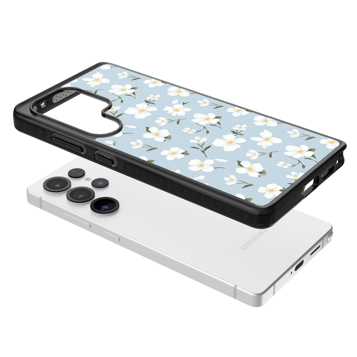Powder Blue Petals Samsung S25 Ultra / Samsung S26 Ultra Impact Black Phone Case angled