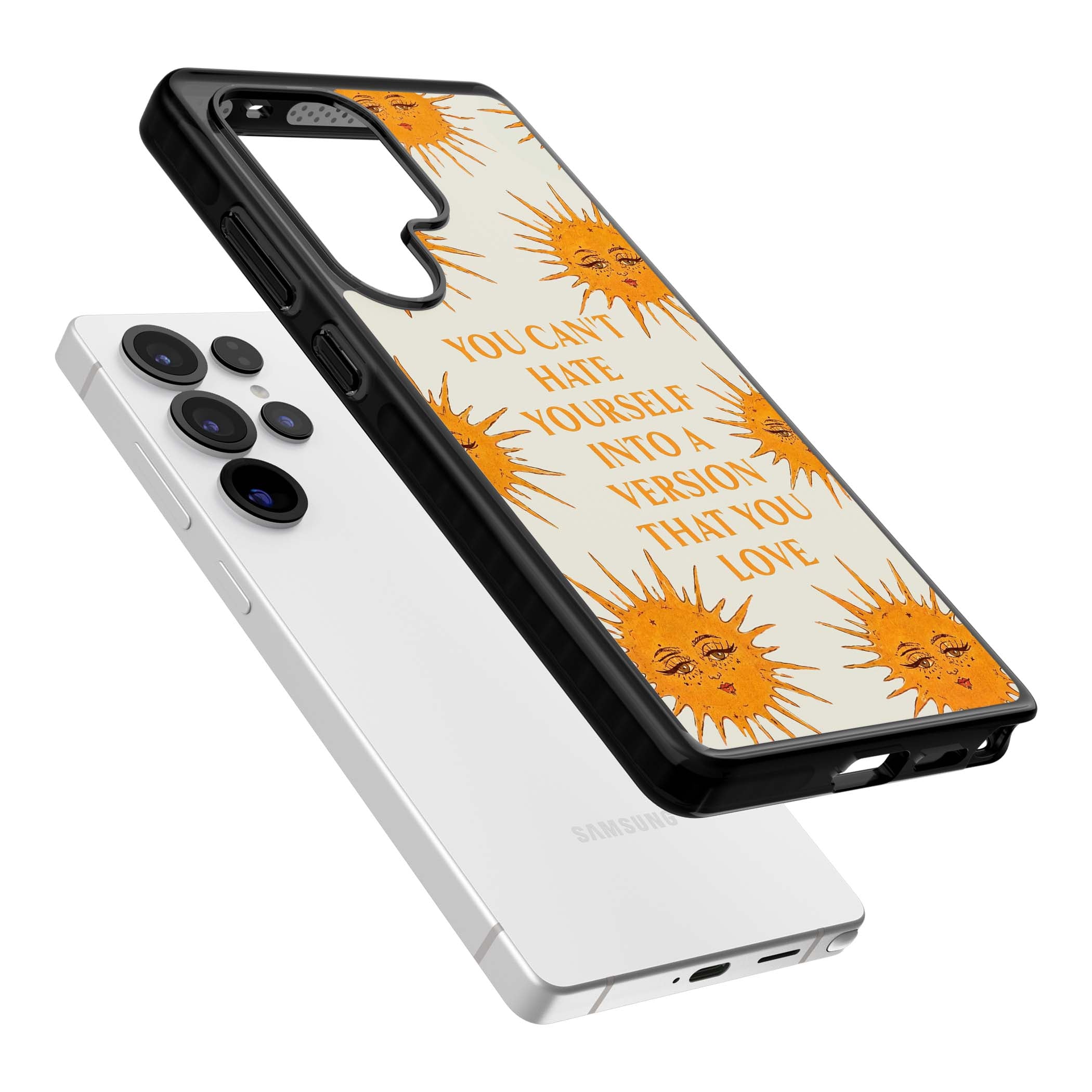 Don't Hate Yourself celestial iPhone case featuring vintage sun faces, ochre rays and a self-love quote | Black Impact case for Samsung Galaxy S25 Ultra