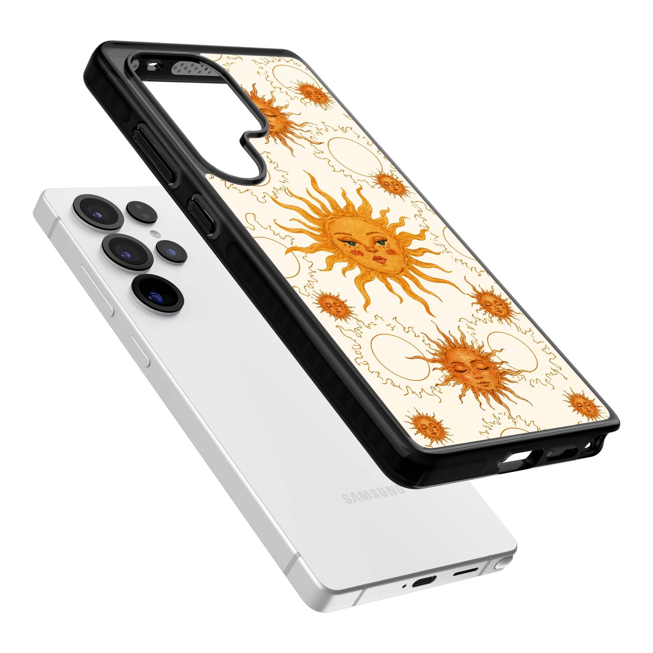 Solstice Muse celestial iPhone case featuring hand-painted golden sun faces, closed-eye sun goddesses and outlined moons... | Black Impact case for Samsung Galaxy S25 Ultra