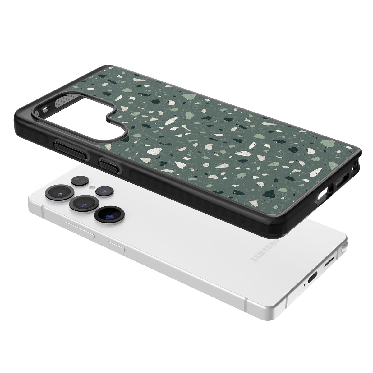 Green & Cream Terrazzo Pattern Samsung S25 Ultra / Samsung S26 Ultra Impact Black Phone Case angled