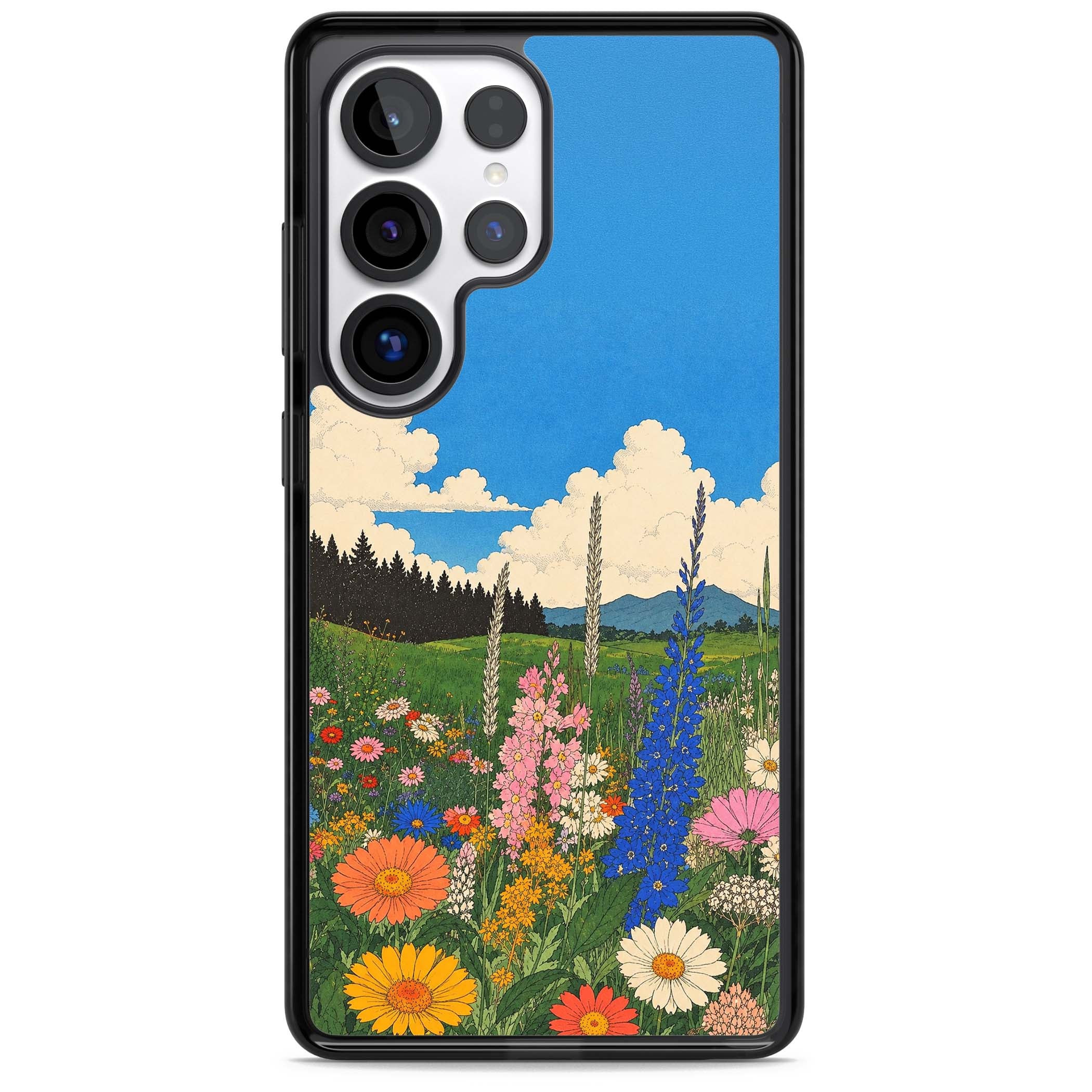Wildbloom wildflower iPhone case featuring a vintage Japanese-style meadow landscape with daisies, delphiniums and moun | Black Impact case for Samsung Galaxy S25 Ultra