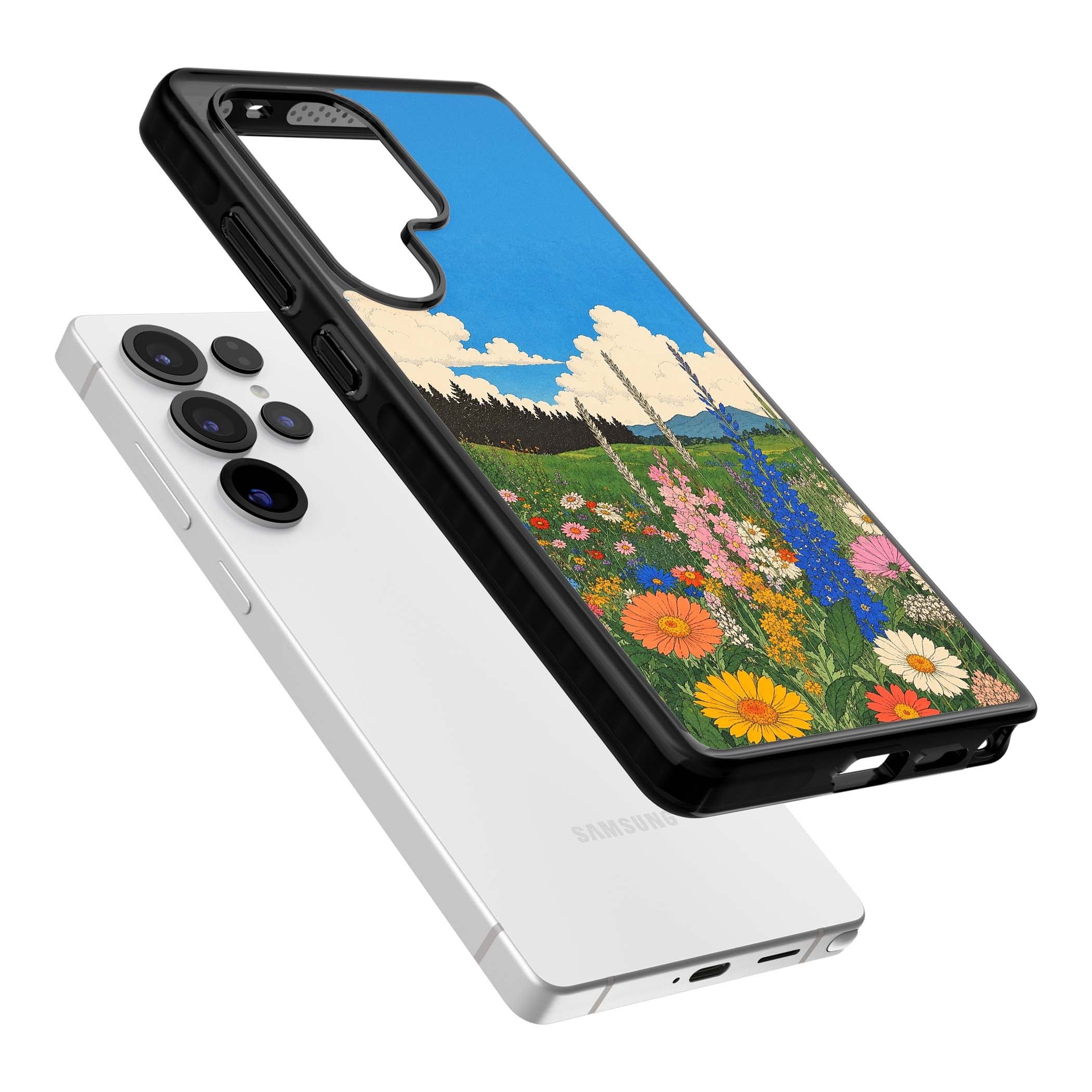 Wildbloom wildflower iPhone case featuring a vintage Japanese-style meadow landscape with daisies, delphiniums and moun | Black Impact case for Samsung Galaxy S25 Ultra
