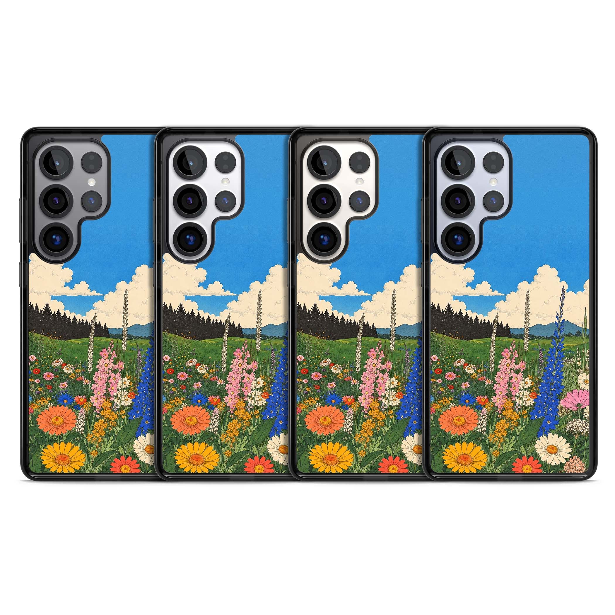 Wildbloom wildflower iPhone case featuring a vintage Japanese-style meadow landscape with daisies, delphiniums and moun | Black Impact case for Samsung Galaxy S25 Ultra
