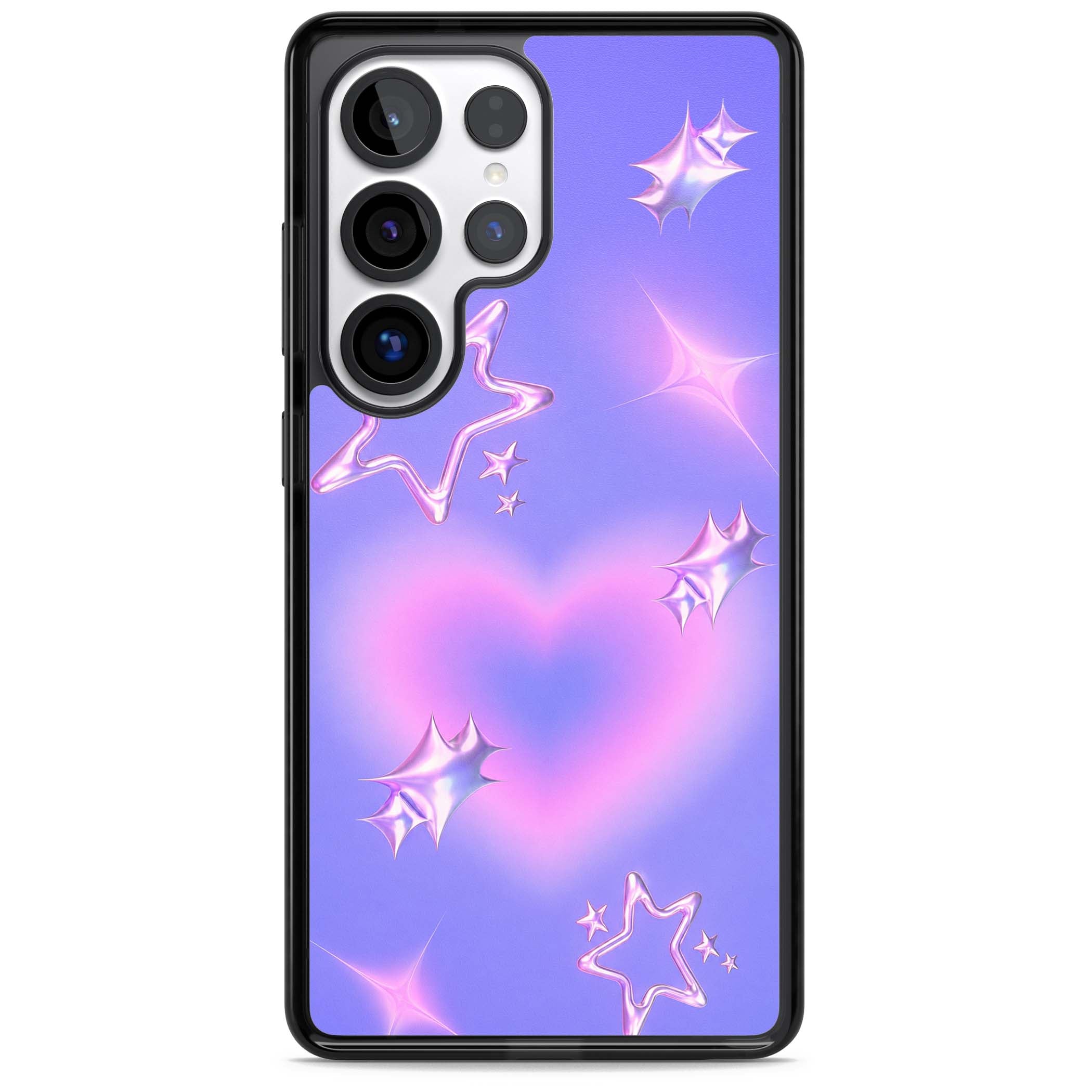 Soft Sugar Y2K iPhone case featuring iridescent chrome hearts, metallic pink stars and a lavender gradient sky | Black Impact case for Samsung Galaxy S25 Ultra