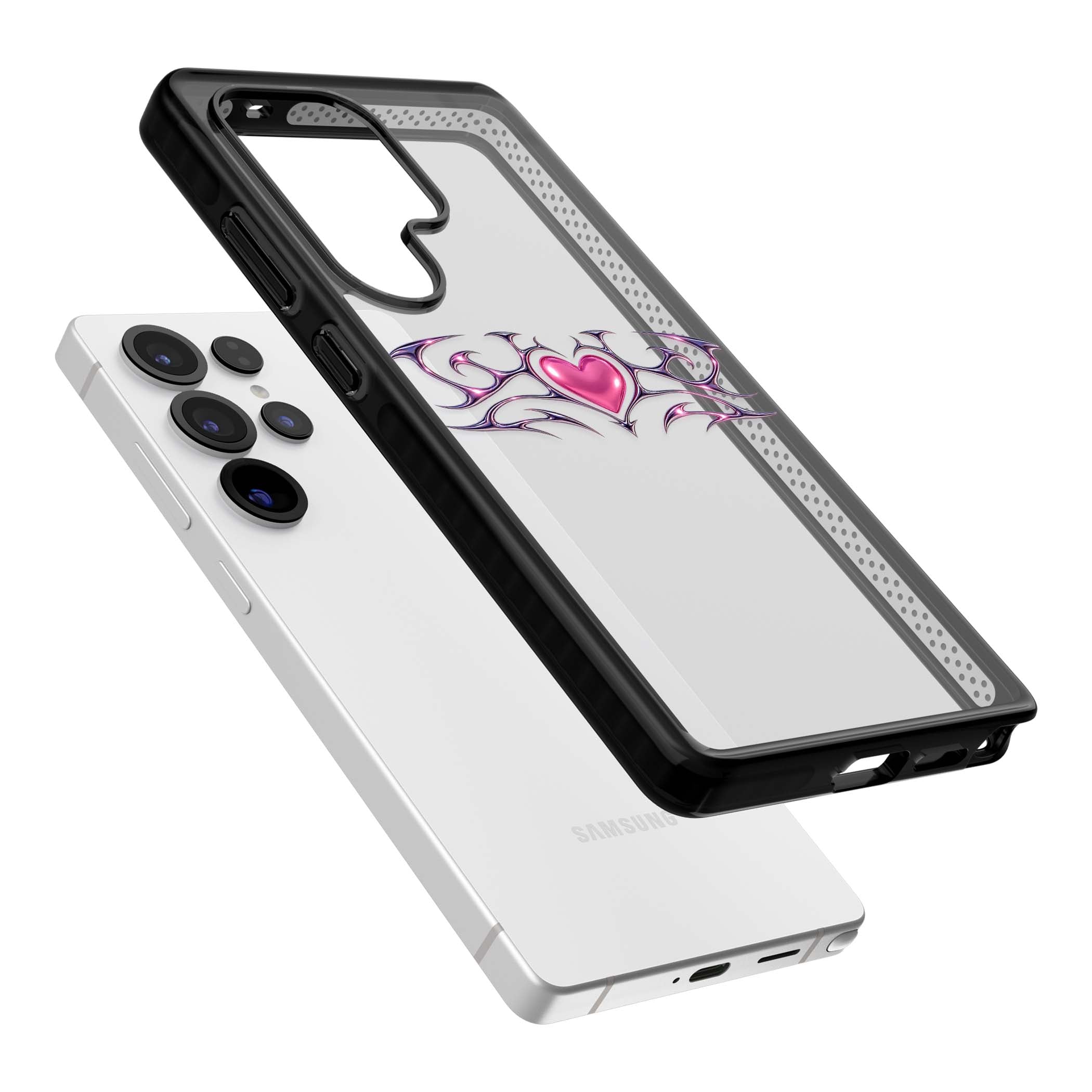 Pink Chrome Heart y2k iPhone case | Black Impact case for Samsung Galaxy S25 Ultra