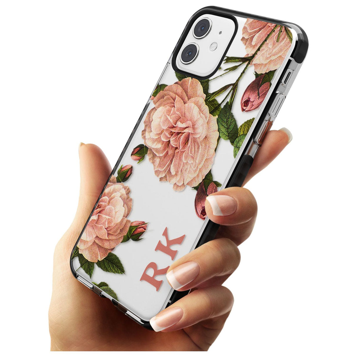 Custom Clear Vintage Floral Pale Pink Peonies Black Impact Phone Case for iPhone 11
