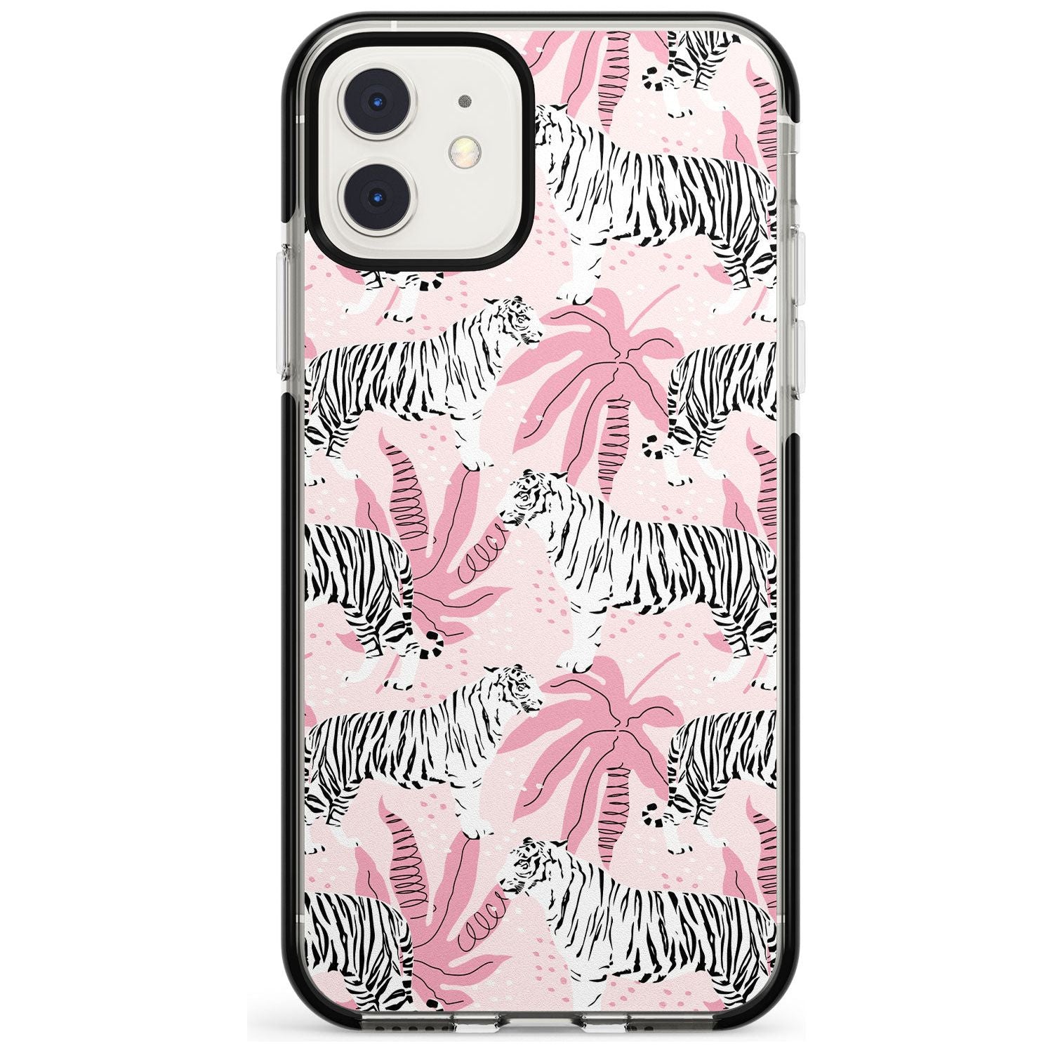 White Tigers on Pink Pattern Black Impact Phone Case for iPhone 11